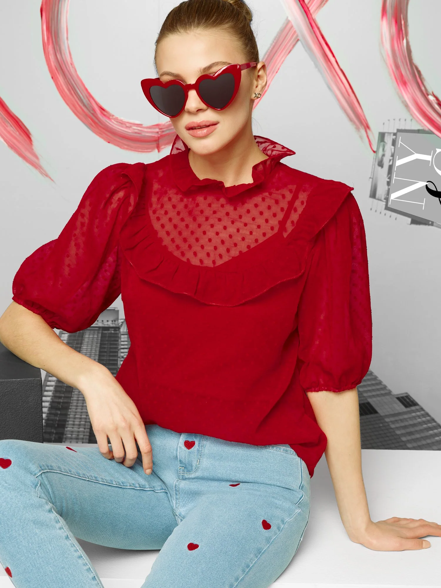 Dot-Detail Ruffle-Collar Blouse - Image 2