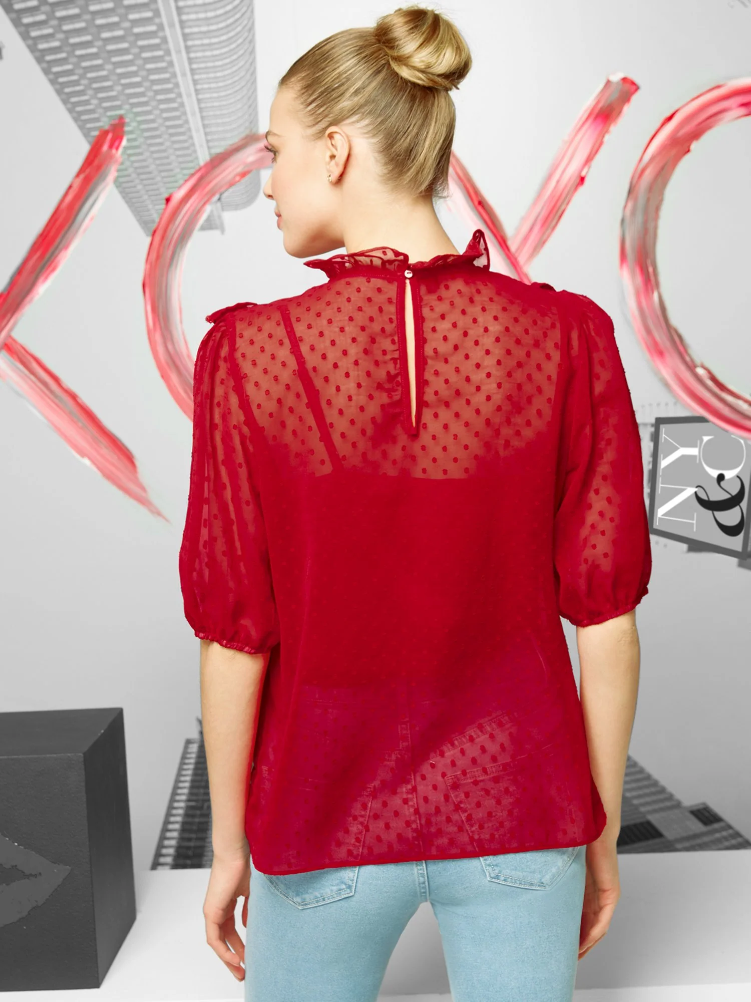 Dot-Detail Ruffle-Collar Blouse - Image 3