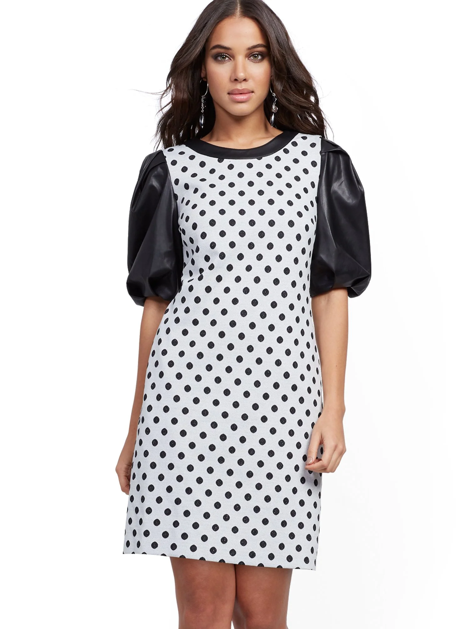 Dot-Print Faux Leather-Sleeve Shift Dress - Image 2