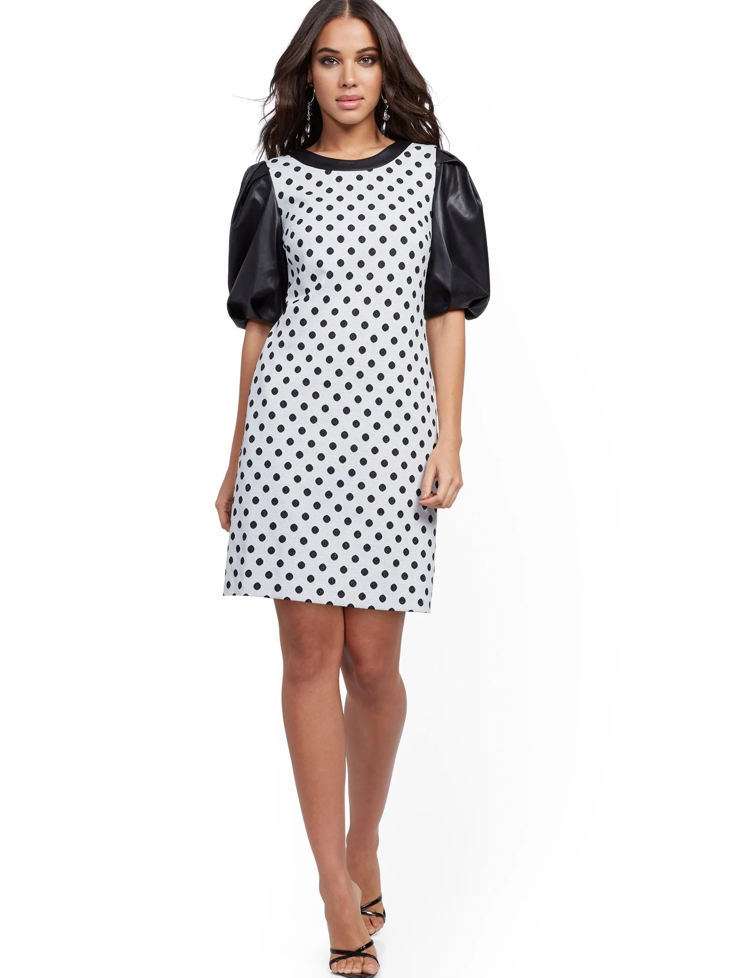 Dot-Print Faux Leather-Sleeve Shift Dress - Image 4