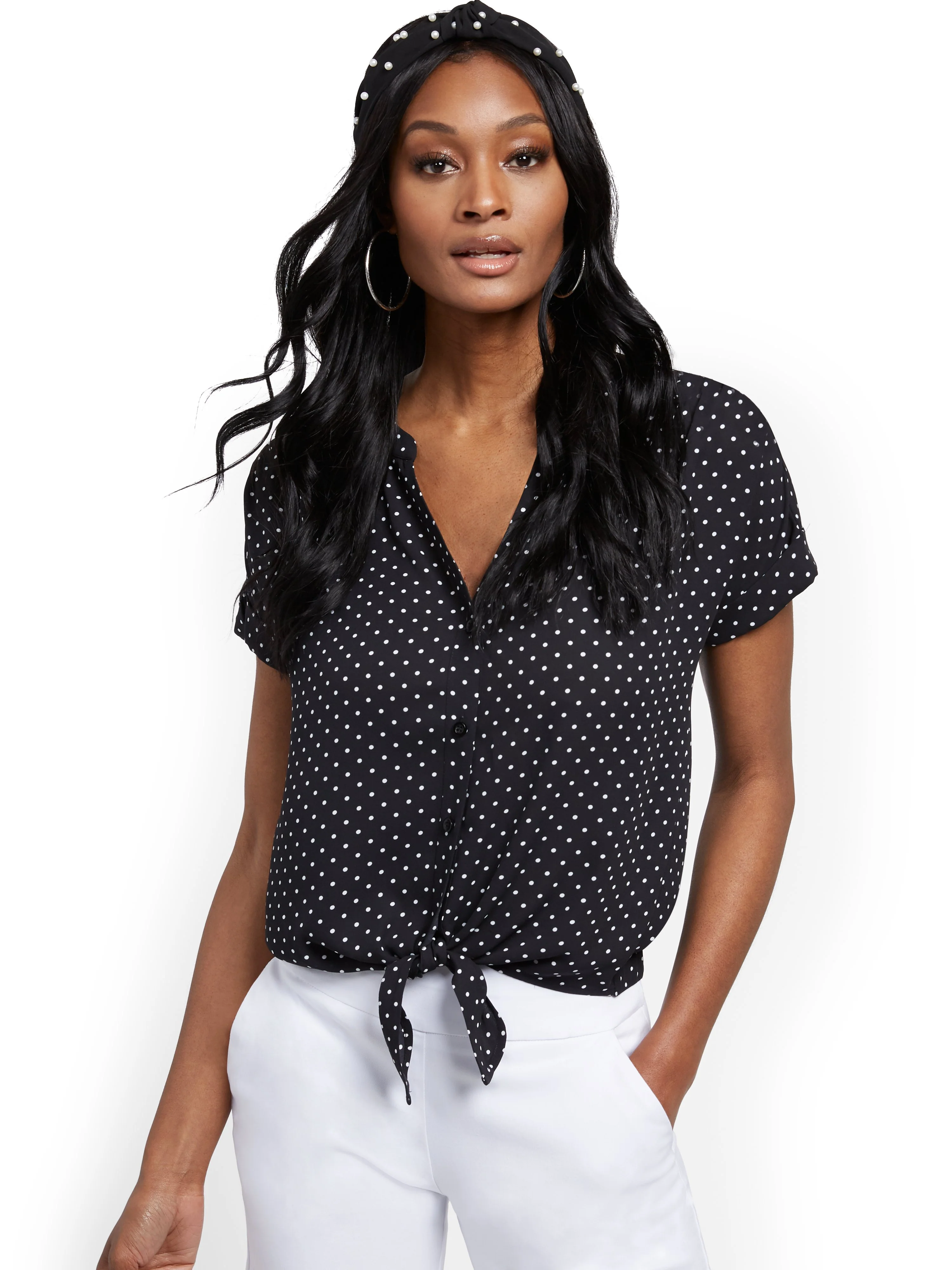 Dot-Print Tie-Front Short-Sleeve Blouse