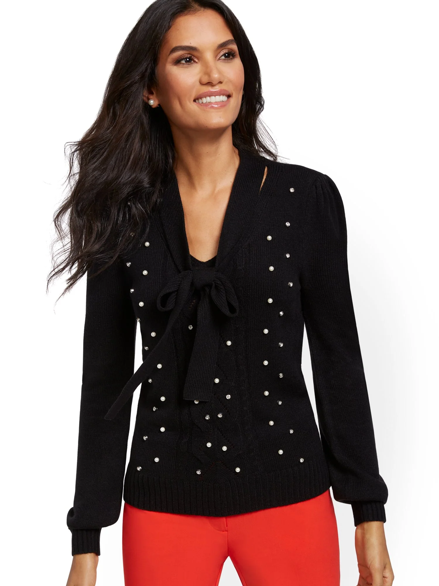 Embellished Tie-Neck Sweater