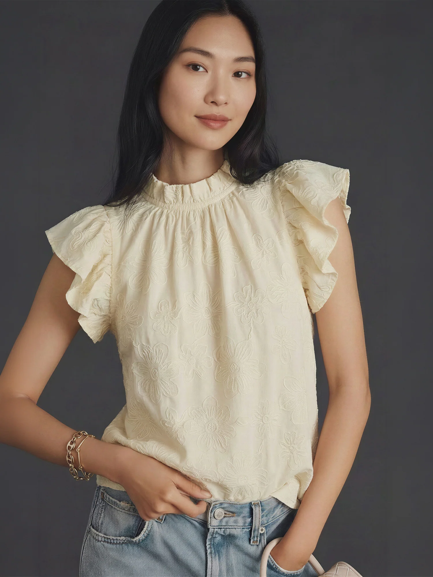 Emboridered Texture Flutter Sleeve Top