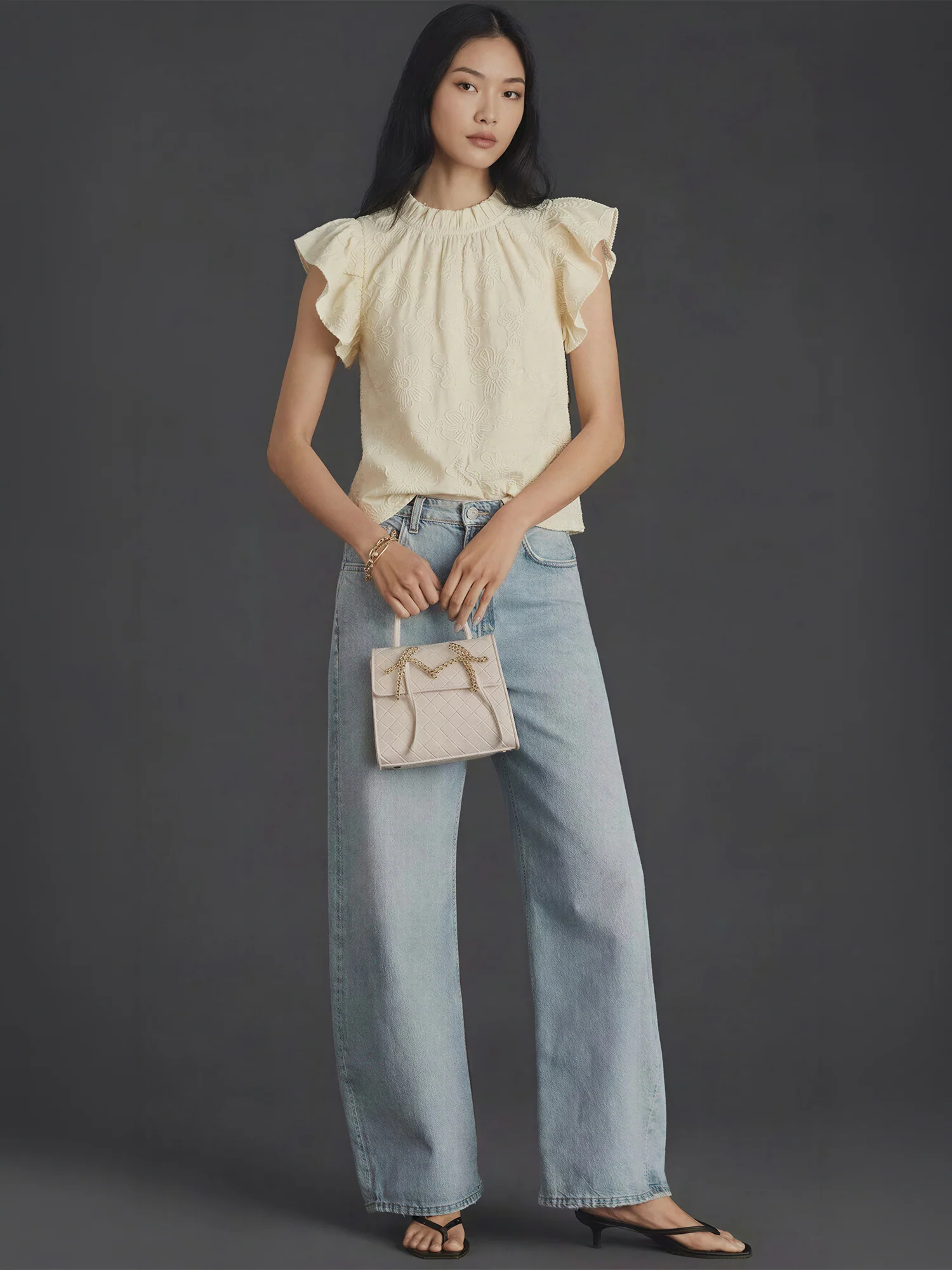 Emboridered Texture Flutter Sleeve Top - Image 2