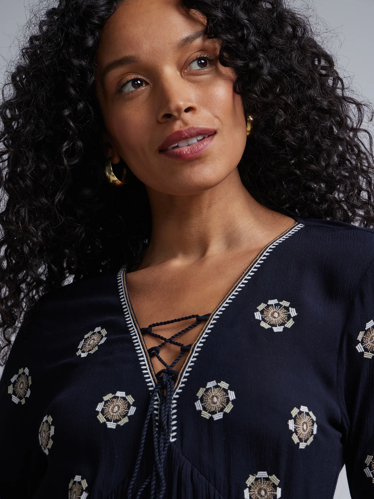 Embroidered Lace-Front Bell-Sleeve Dress - Image 4