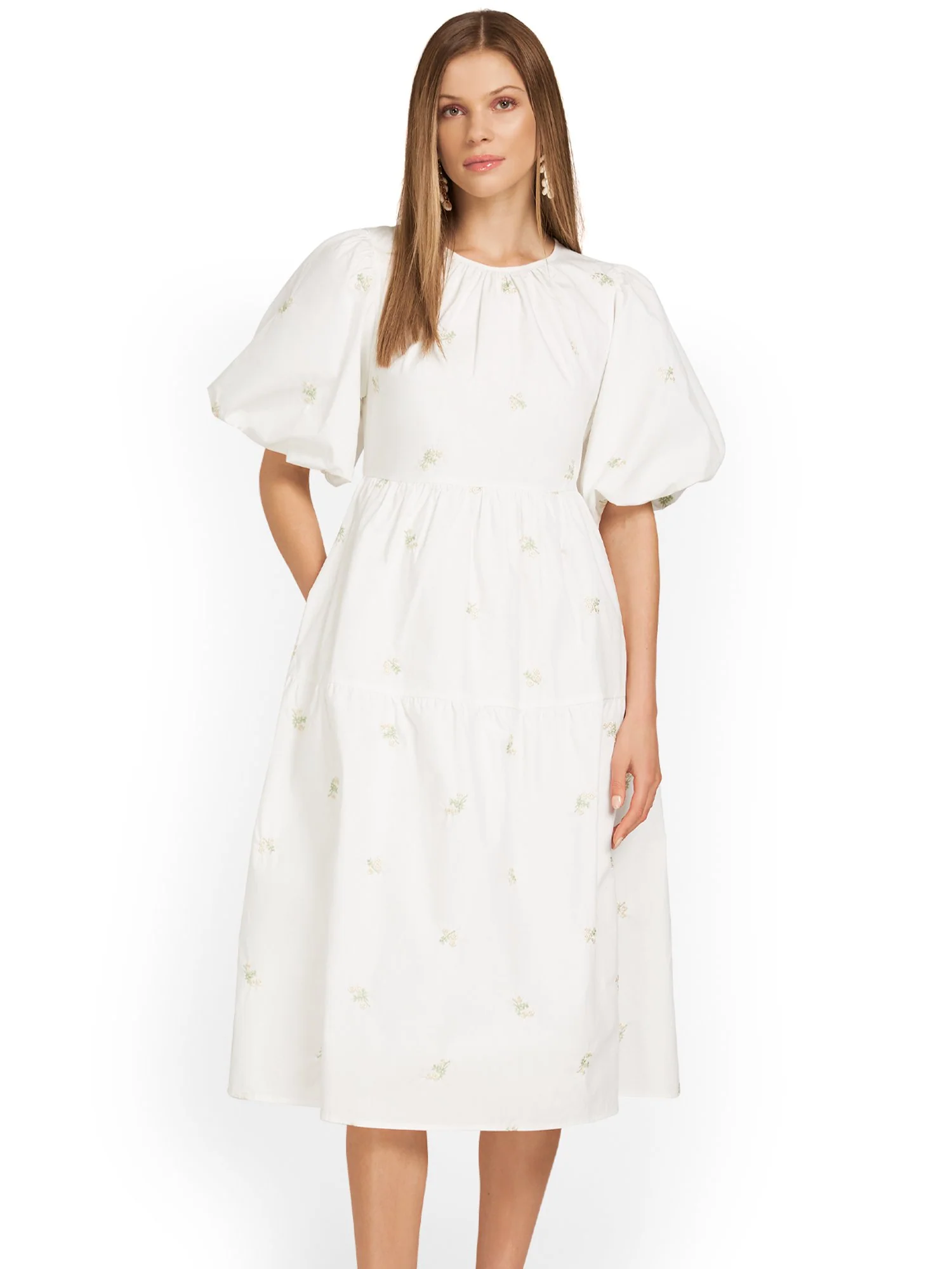 Moodie Embroidered Poplin Puff-Sleeve Midi Dress - Brands We Love - Image 2