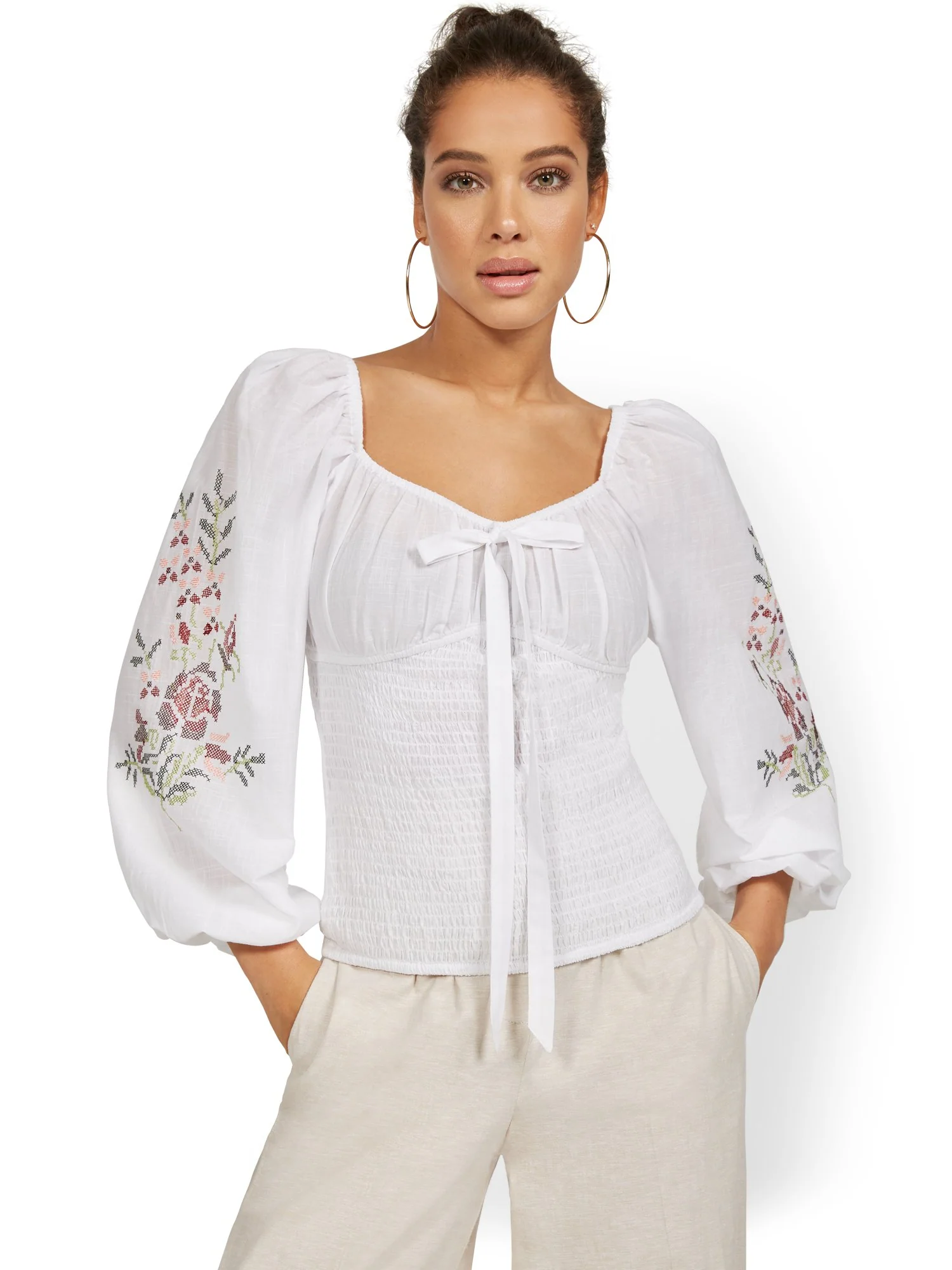 Embroidered Smocked Top