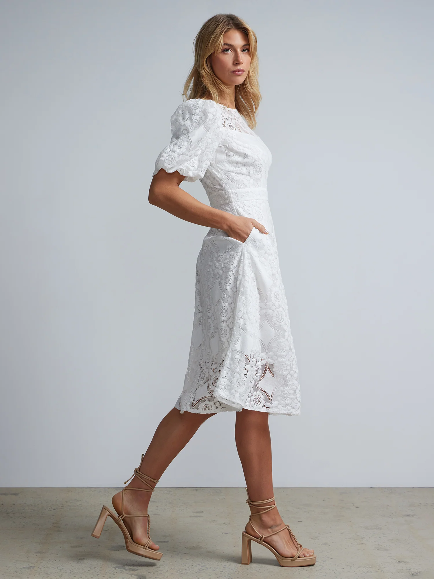 Eyelet Puff-Sleeve Midi Dress - Image 2