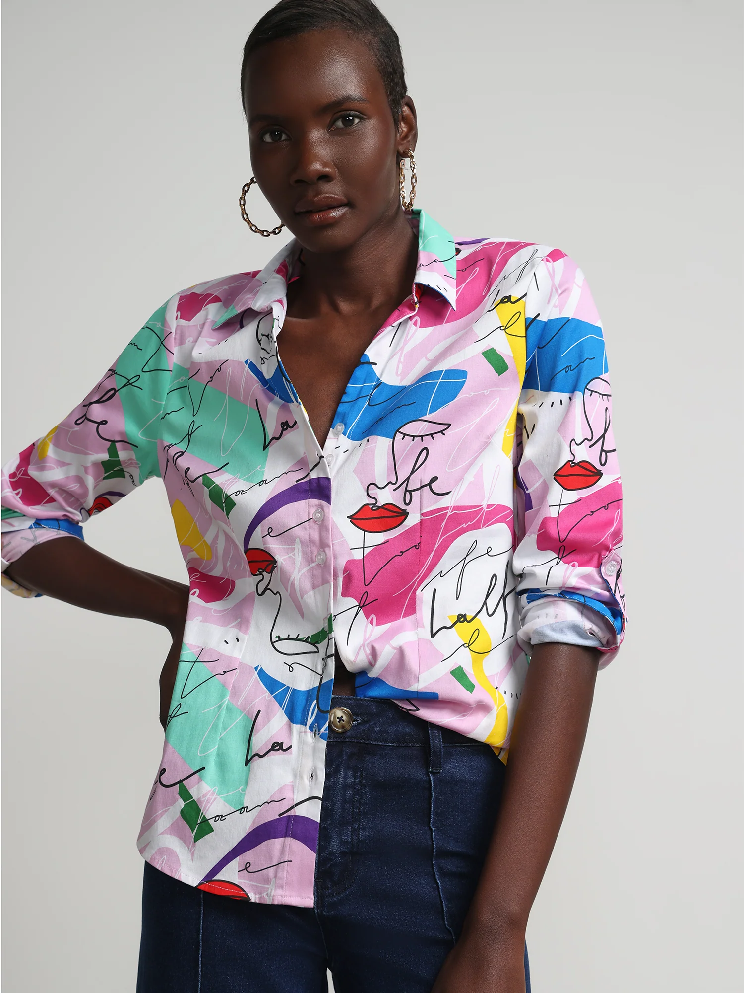 Face-Print Double-Button Secret Snap - NY&C Madison Shirt®
