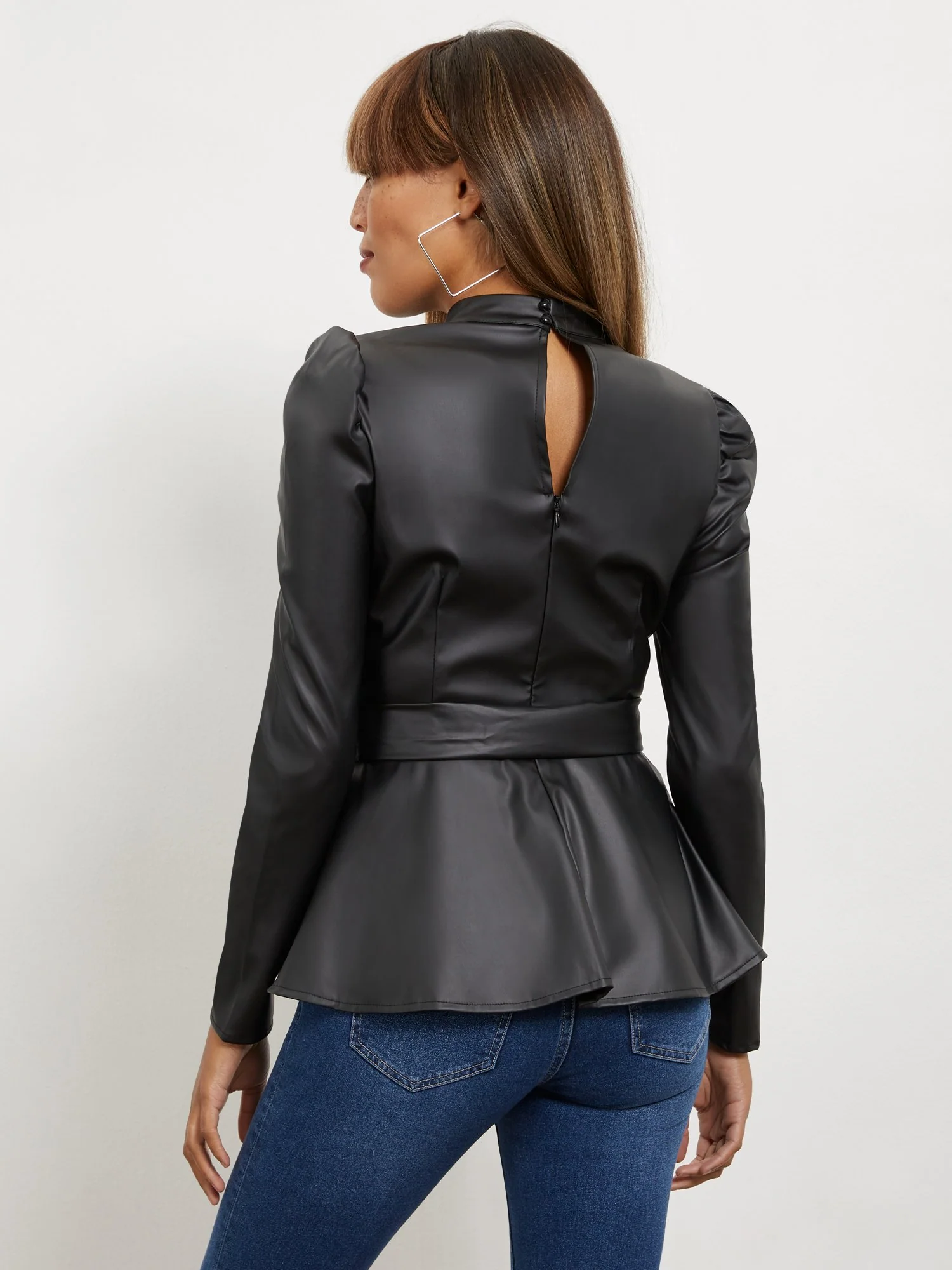 Faux-Leather Belted Puff-Sleeve Top - Image 3