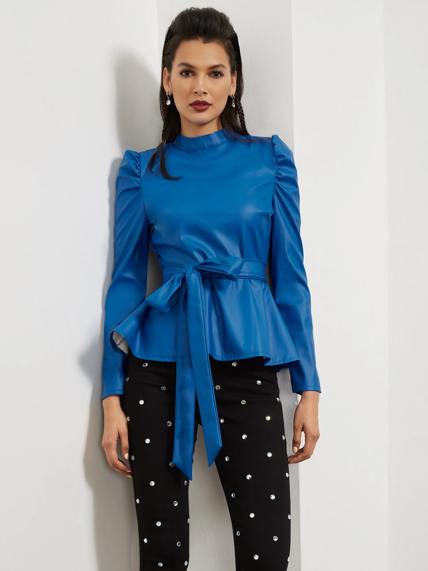 Faux-Leather Belted Puff-Sleeve Top - Image 5
