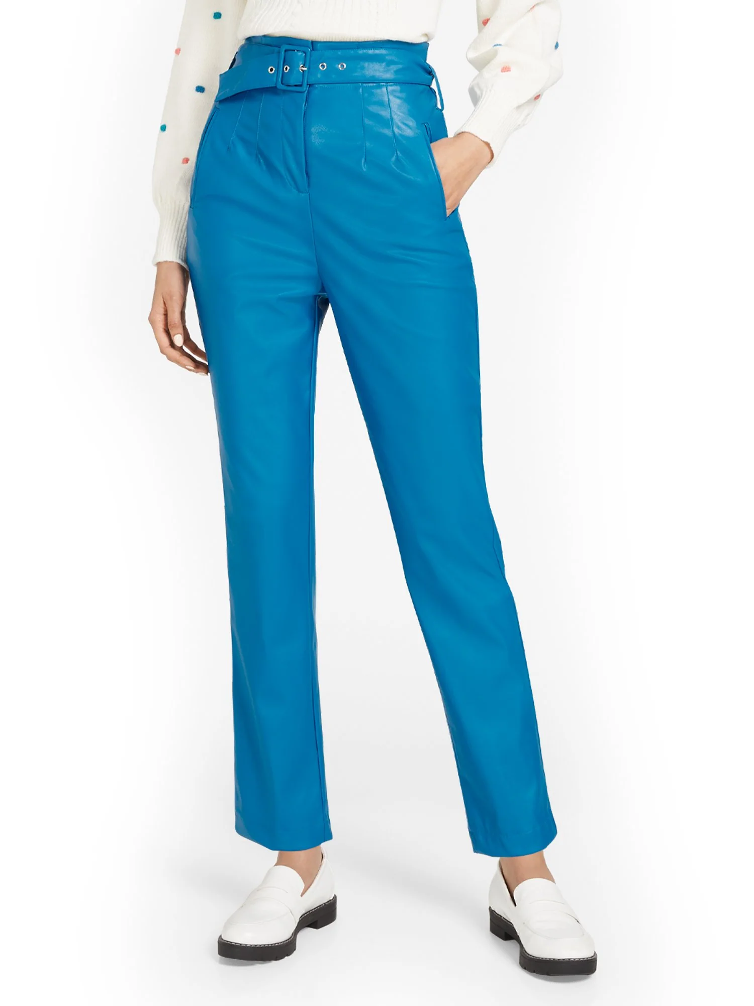 Faux-Leather Belted Straight-Leg Ankle Pant