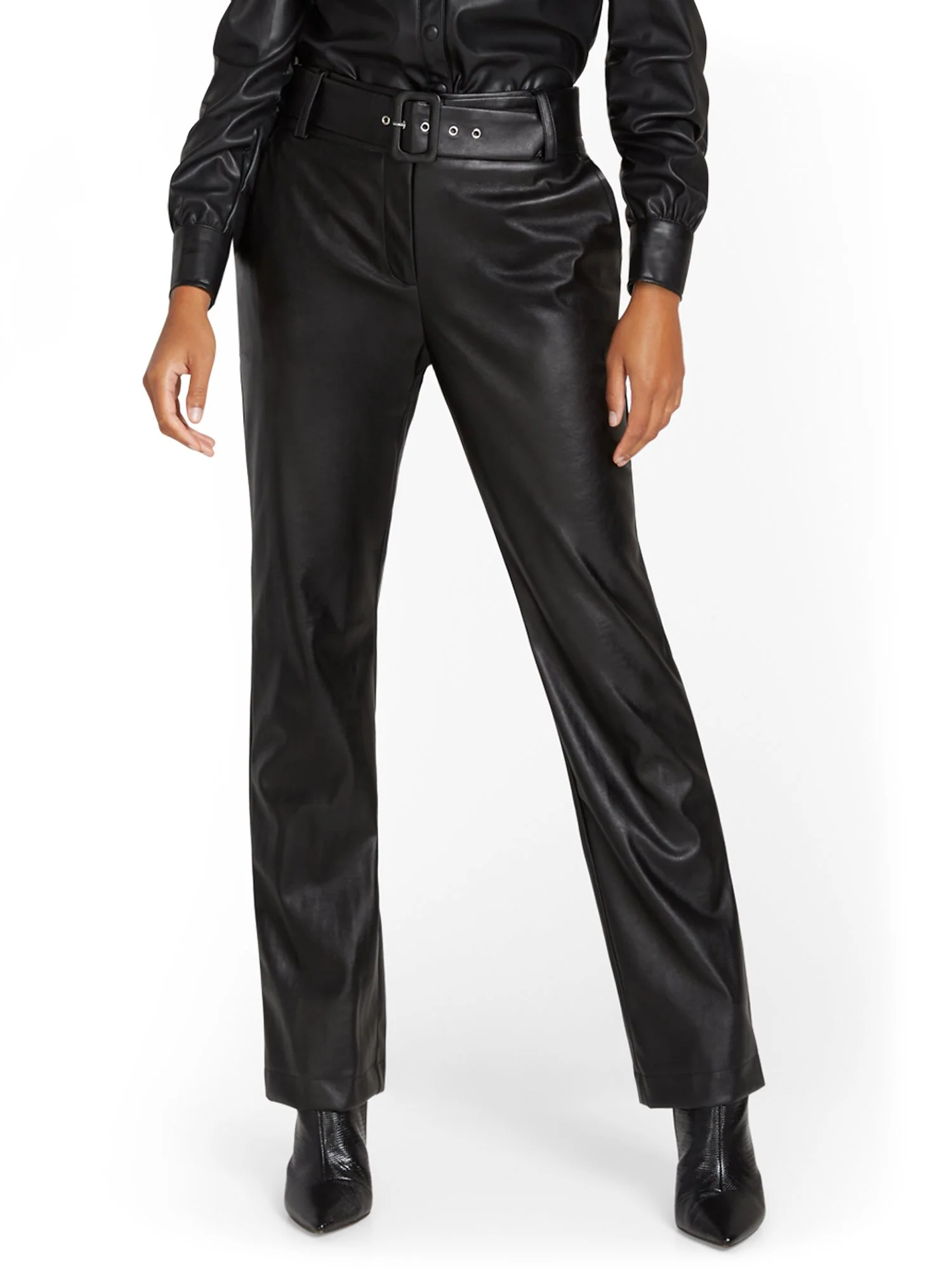 Faux-Leather Belted Wide-Leg Pant