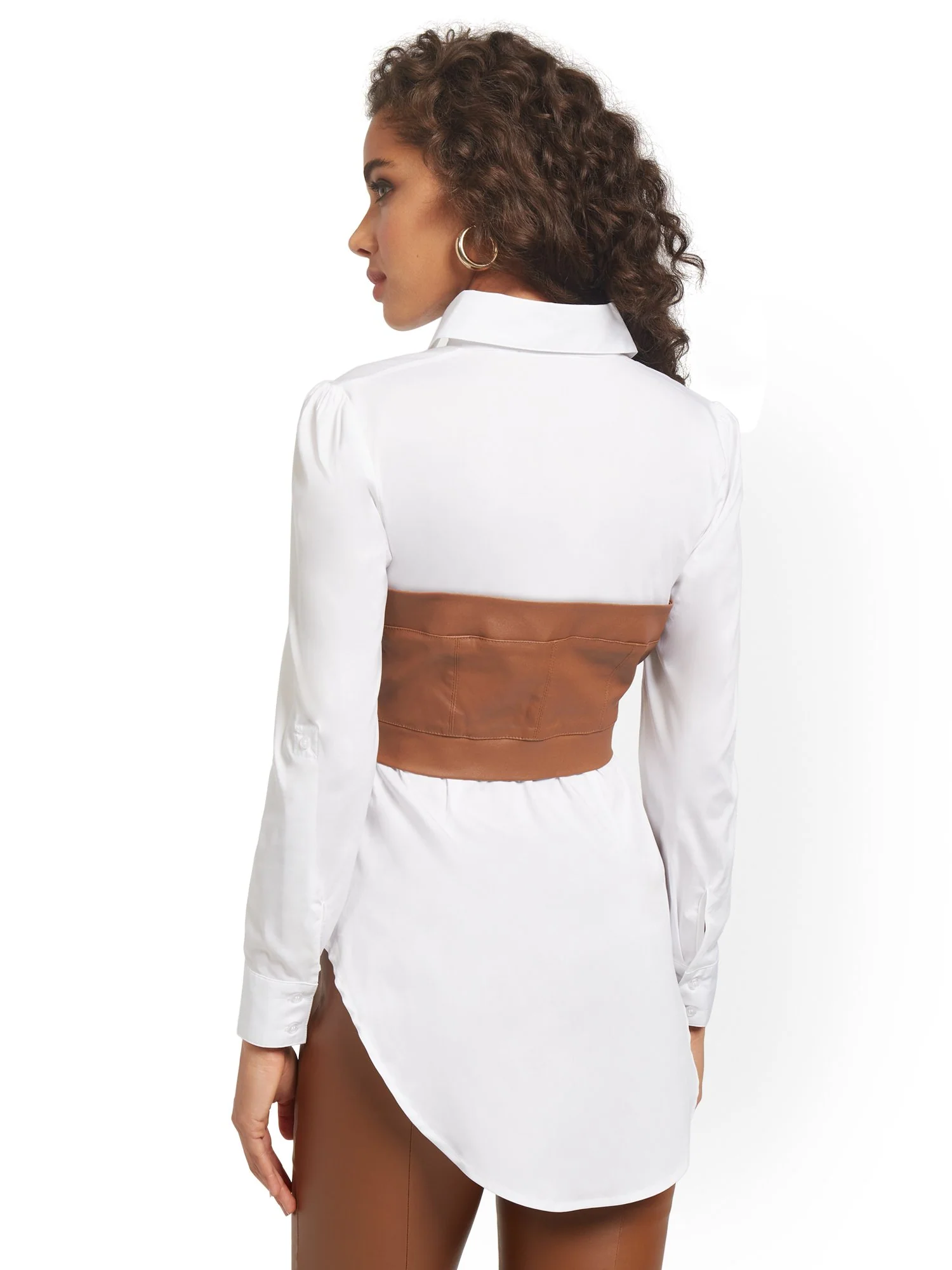 Faux-Leather Bustier Button-Down Twofer Blouse - Image 3