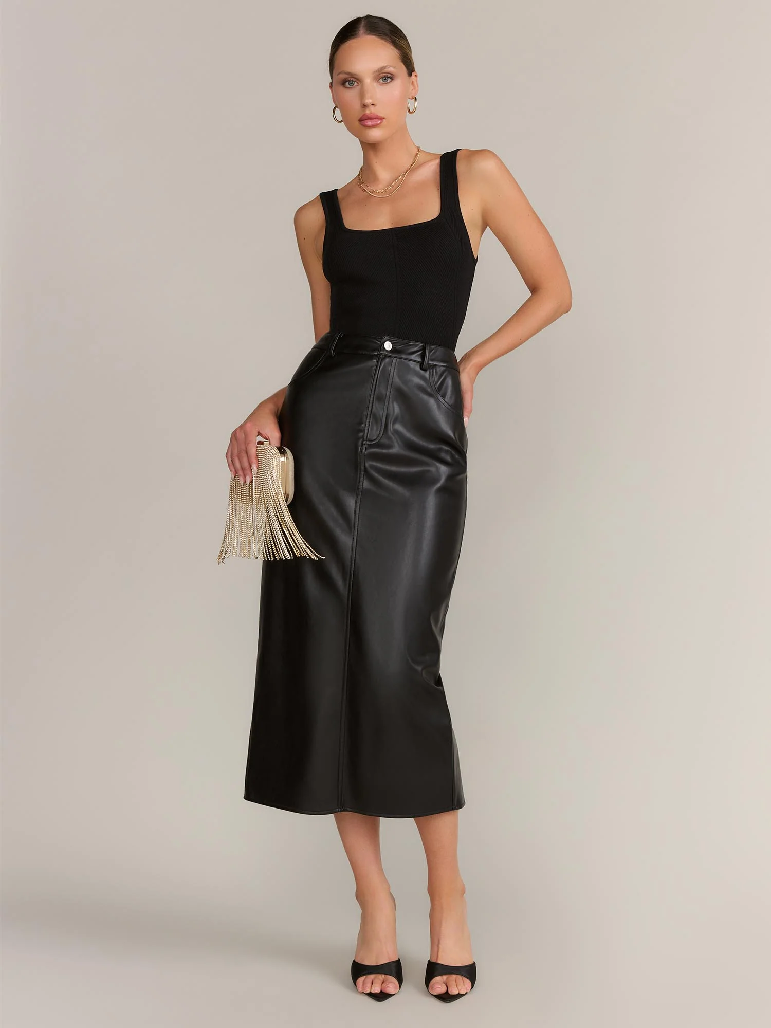 Grey Lab Faux Leather Five Pocket Column Maxi Skirt - Brands We Love - Image 2