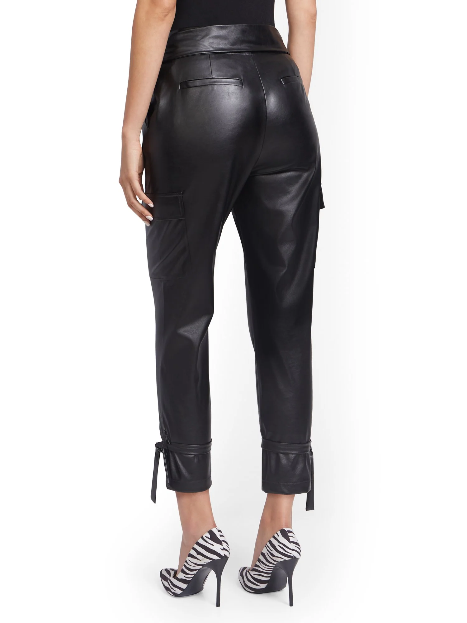 Faux Leather High-Waist Tie-Cuff Cargo Pant - Image 3
