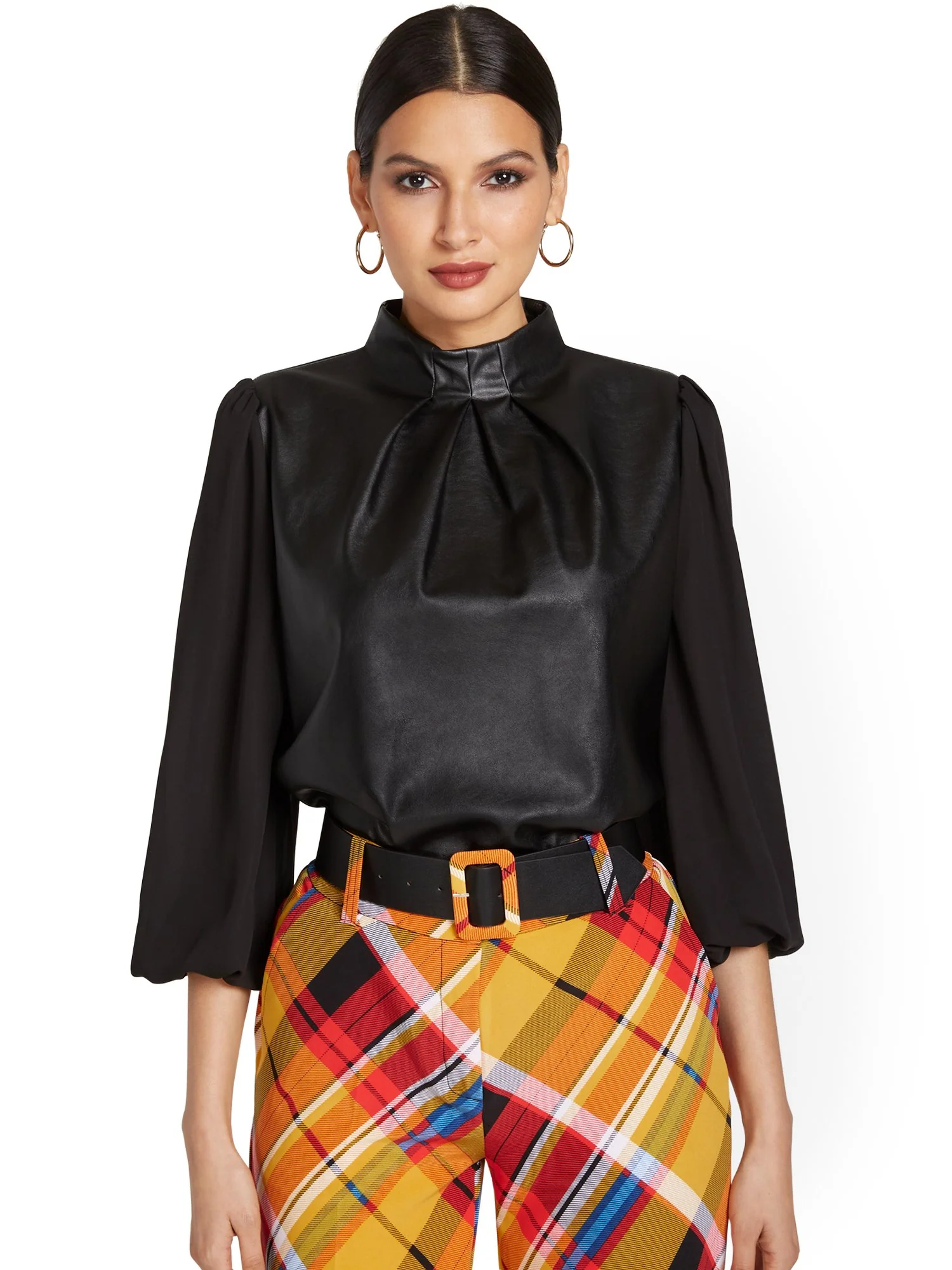 Faux-Leather Mock-Neck Blouse