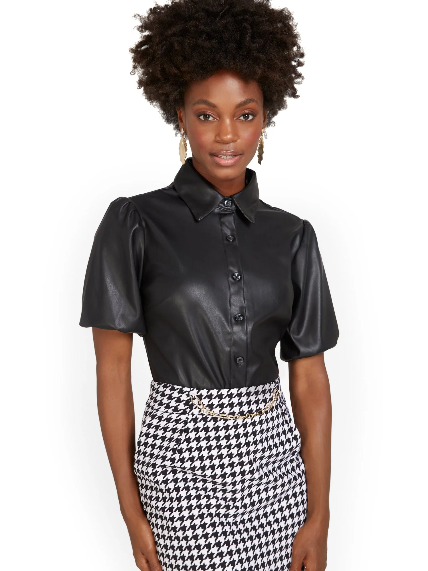 Faux-Leather Puff-Sleeve Button-Front Shirt