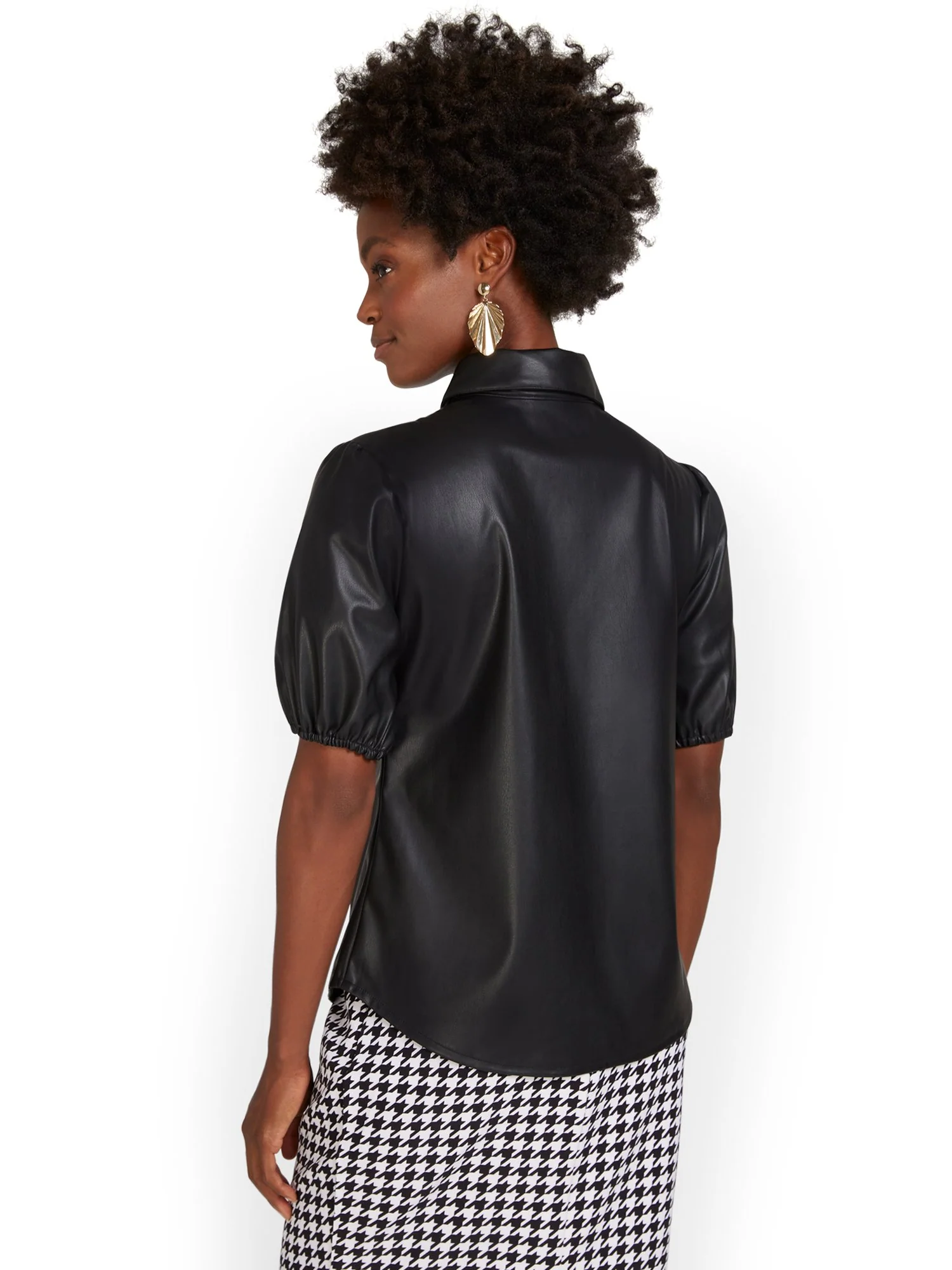 Faux-Leather Puff-Sleeve Button-Front Shirt - Image 3