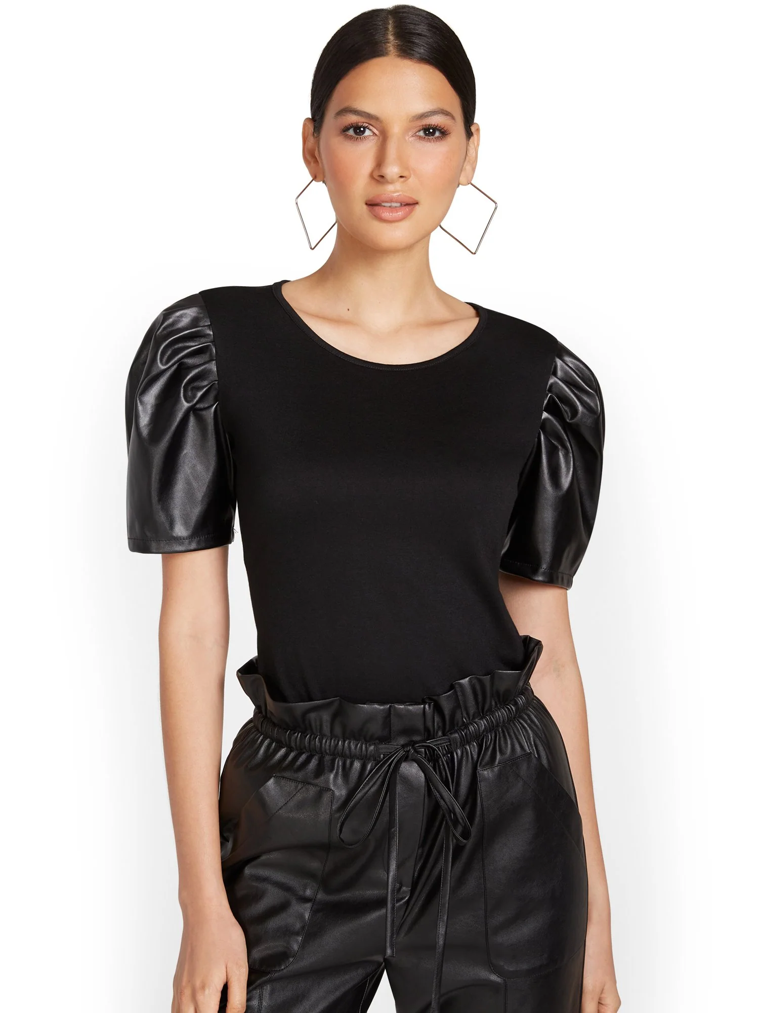 Faux-Leather Ruched Sleeve Top