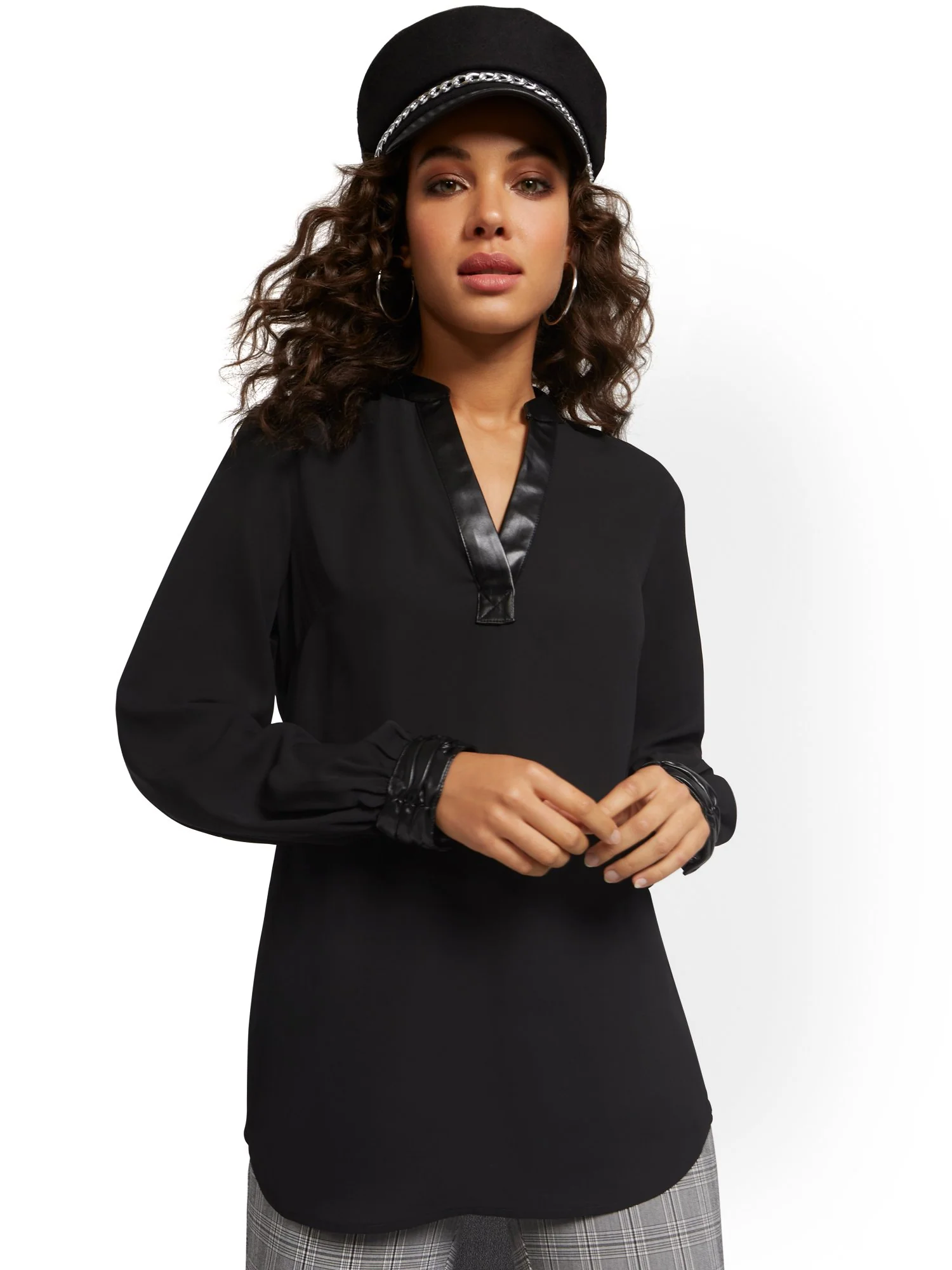 Faux-Leather Trim Tunic Top - Image 2