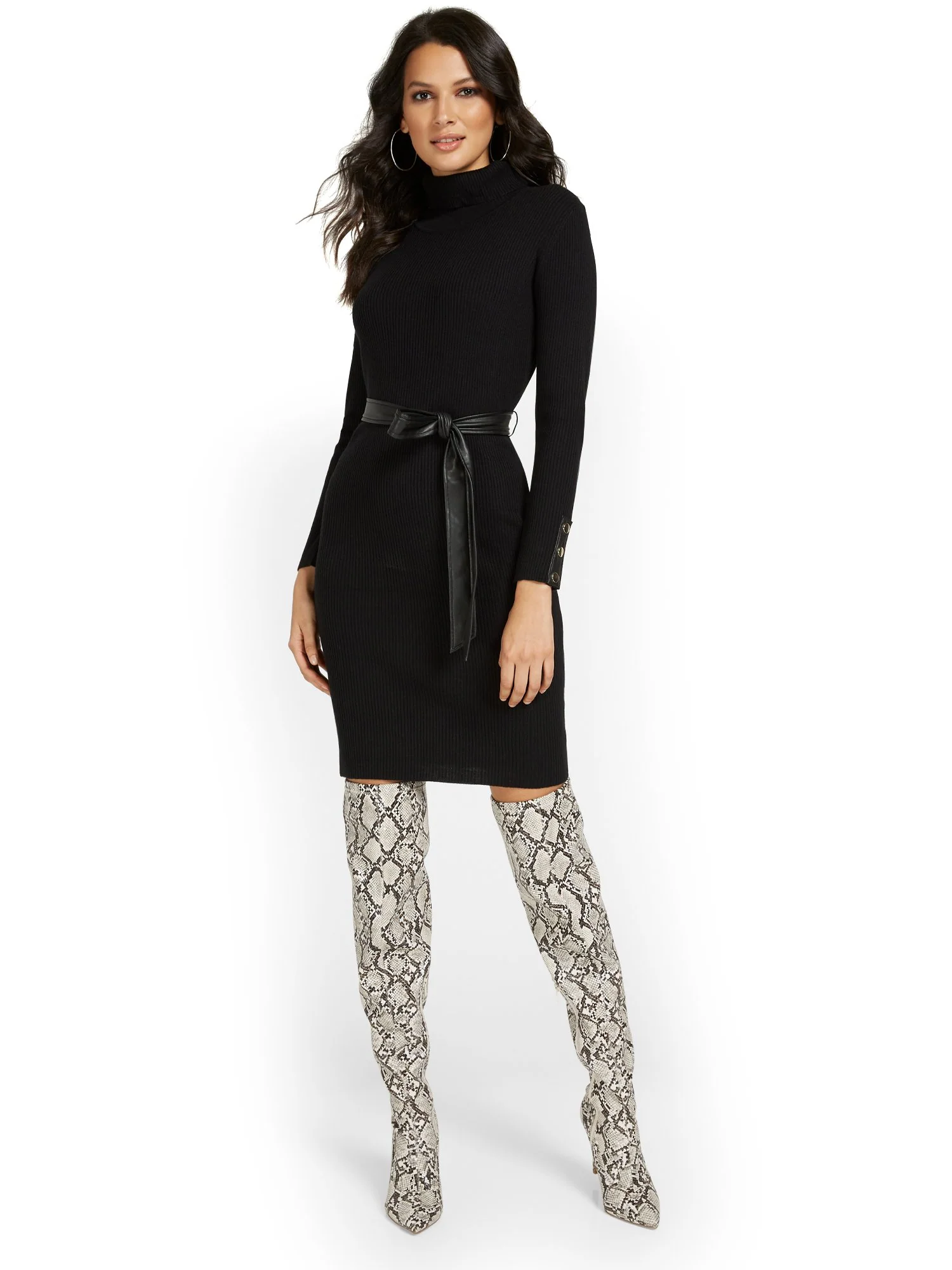 Faux-Leather Trim Turtleneck Dress - Image 2