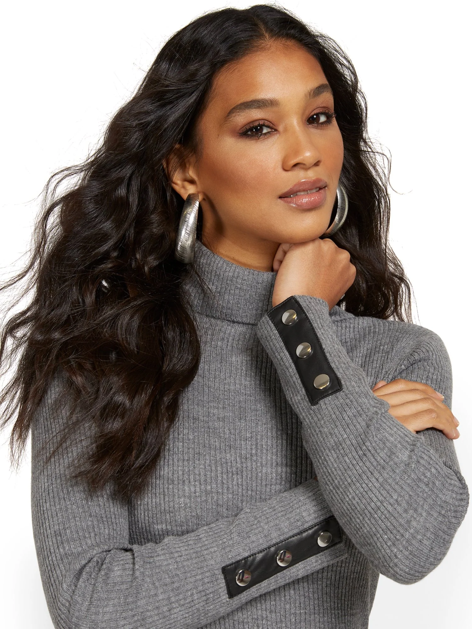 Faux-Leather Trim Turtleneck Dress - Image 7