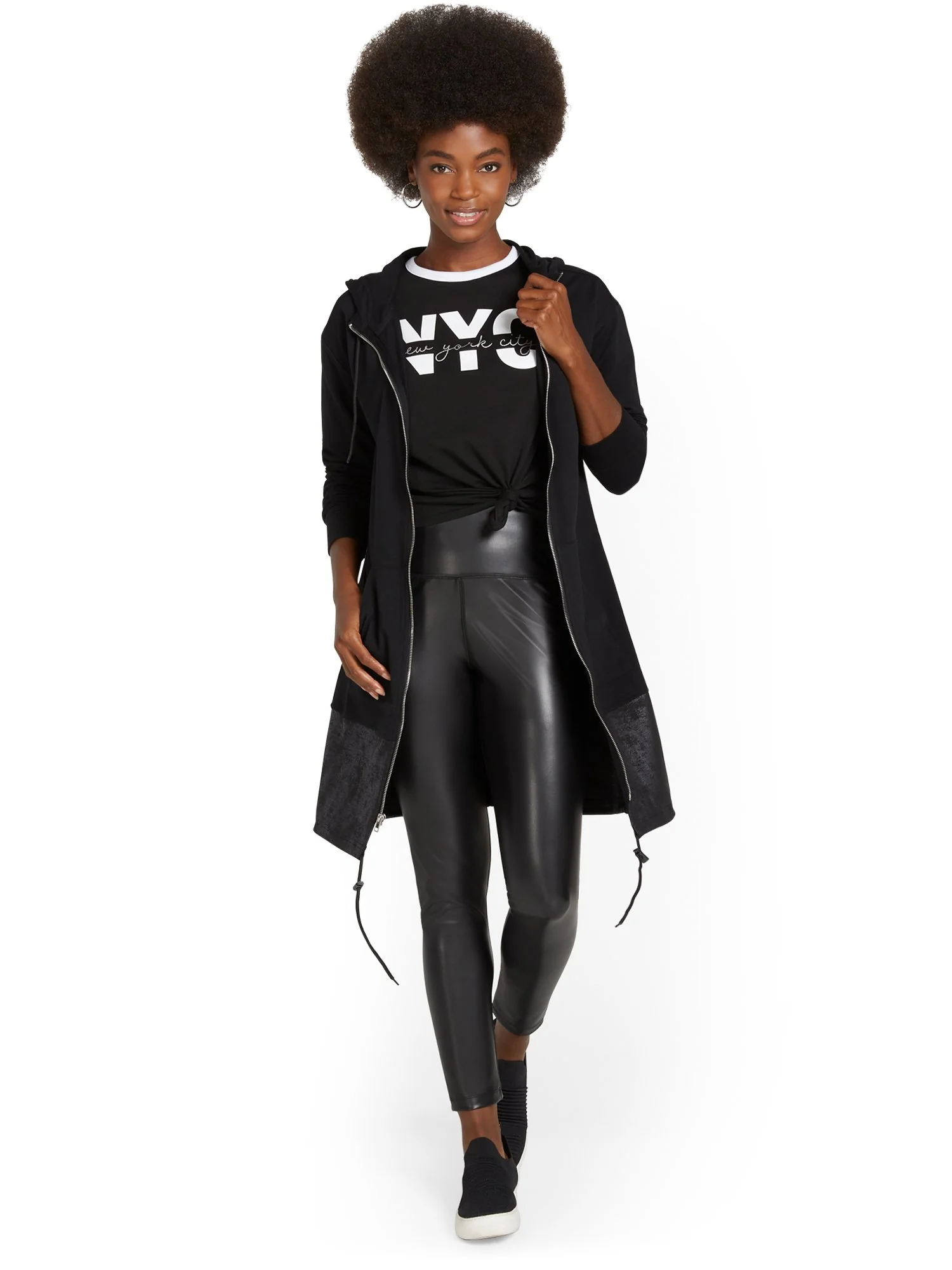 Faux-Leather Trim Zip-Front Hoodie - Image 2