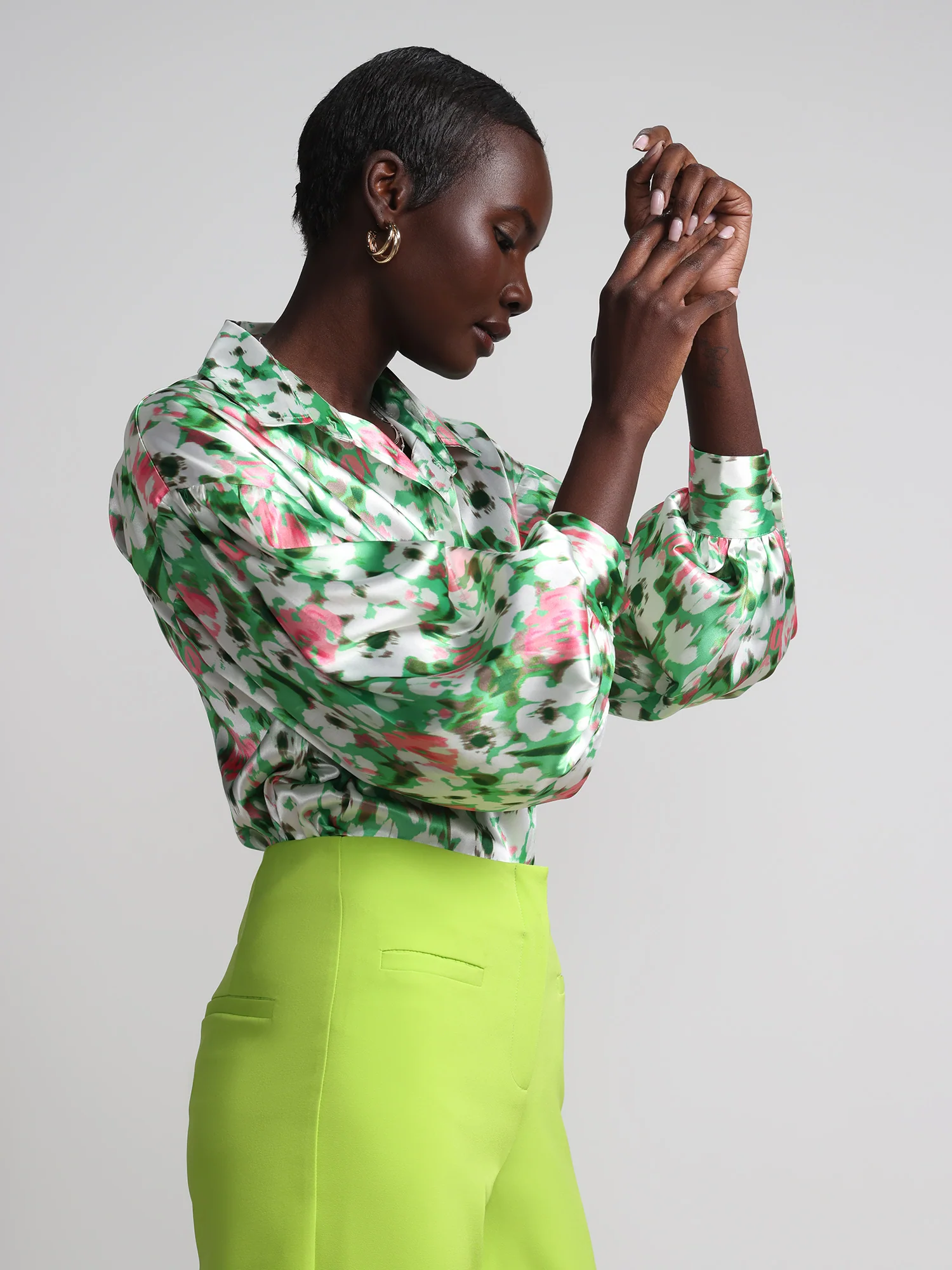 Floral Button-Front Satin Effect Blouse - Image 2