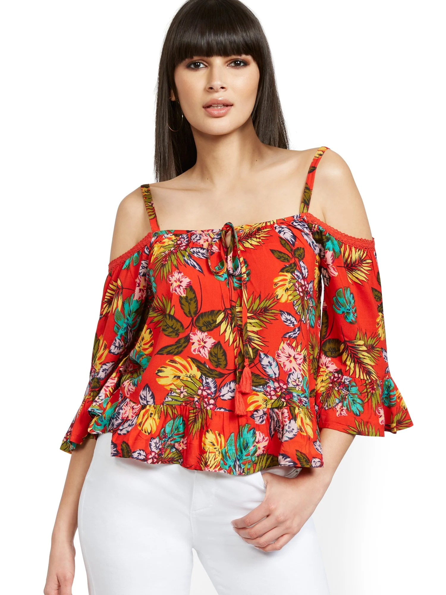 Floral Crochet-Trim Cold-Shoulder Top - Image 2
