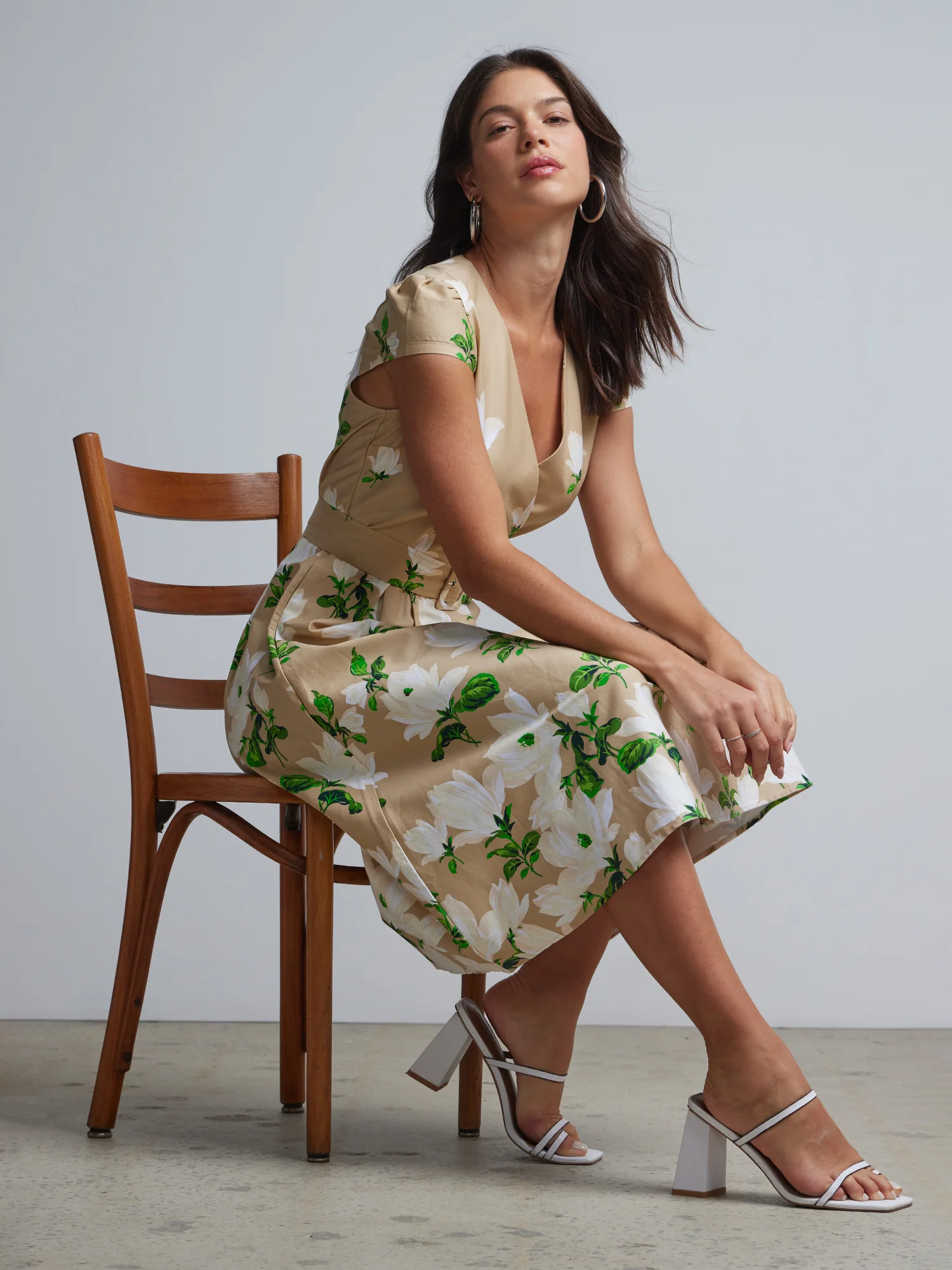 Floral-Print Belted Flare Dress