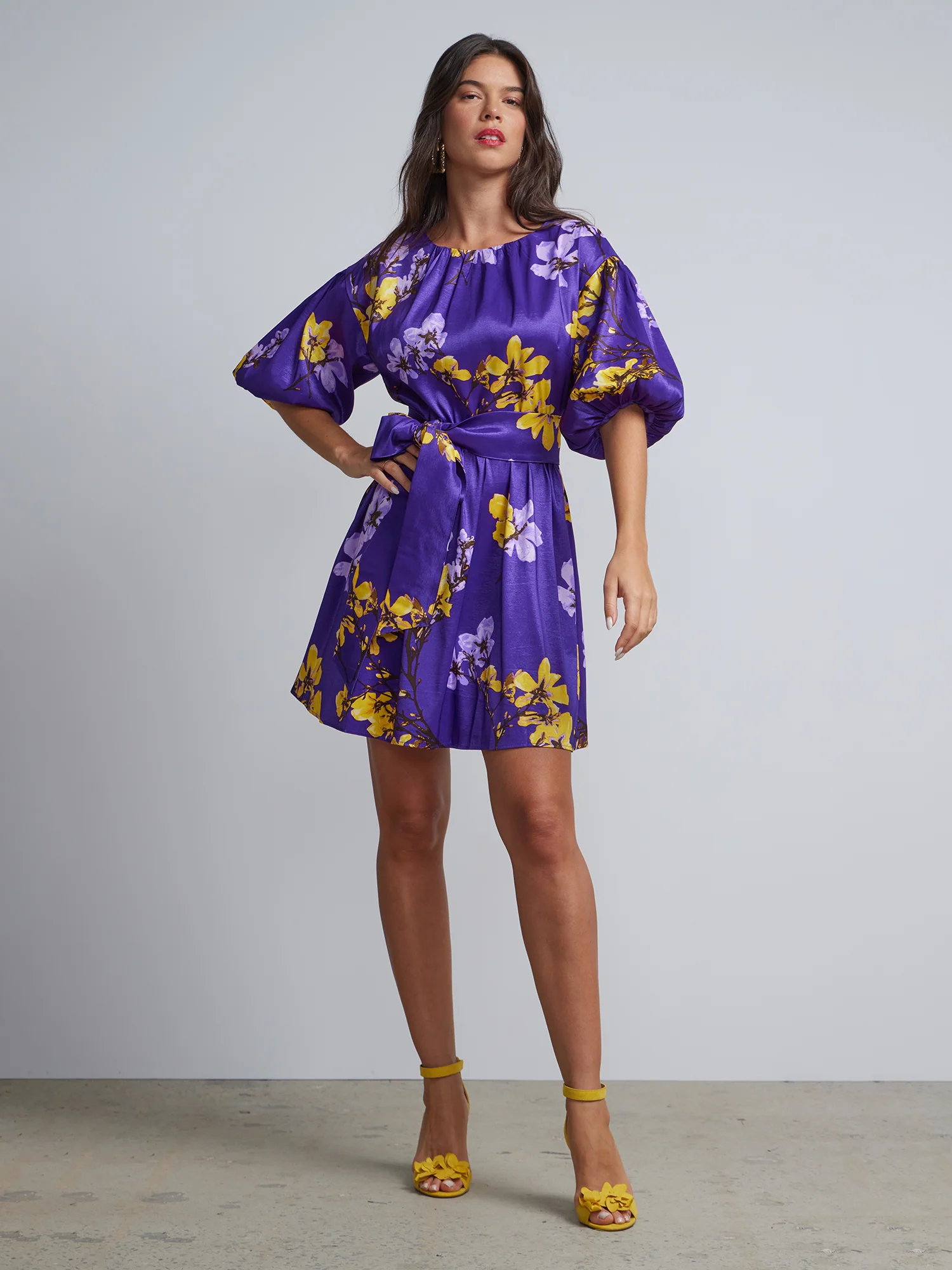 Floral-Print Belted Puff-Sleeve Flare Dress