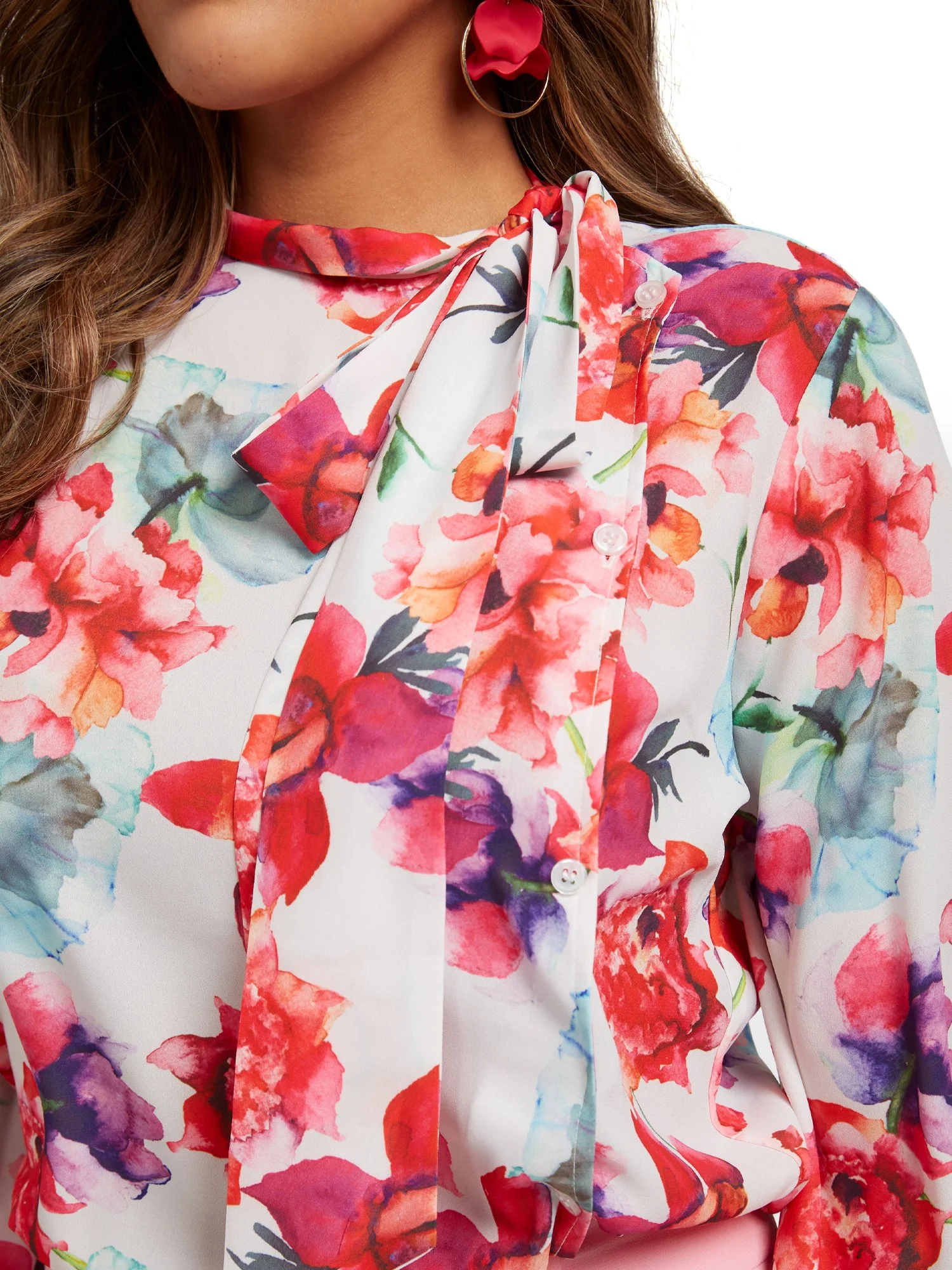 Floral-Print Button-Front Bow-Neck Blouse - Image 4