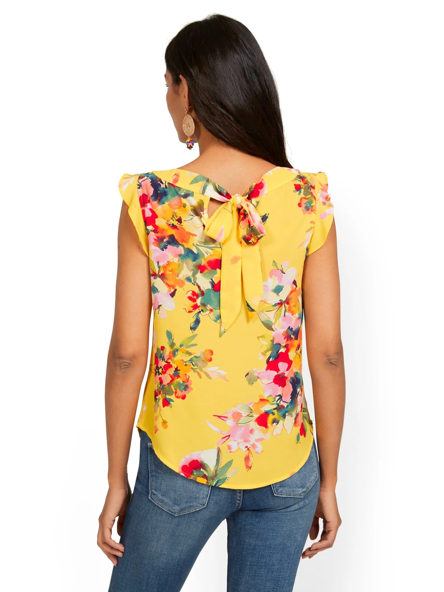 Floral-Print Flutter-Sleeve Keyhole Bow Blouse - Image 8