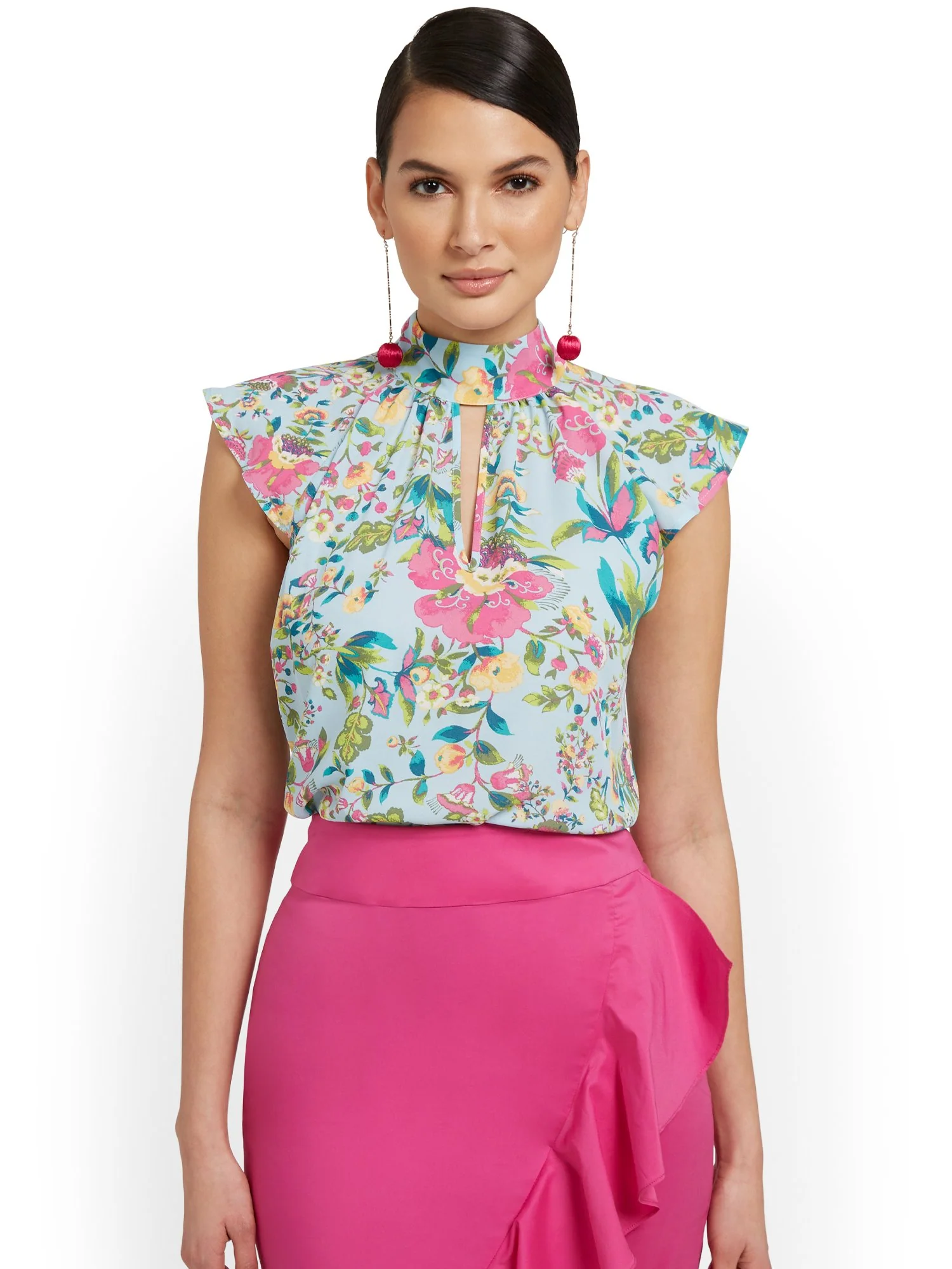 Floral-Print Mock-Neck Ruffle Blouse - Image 5