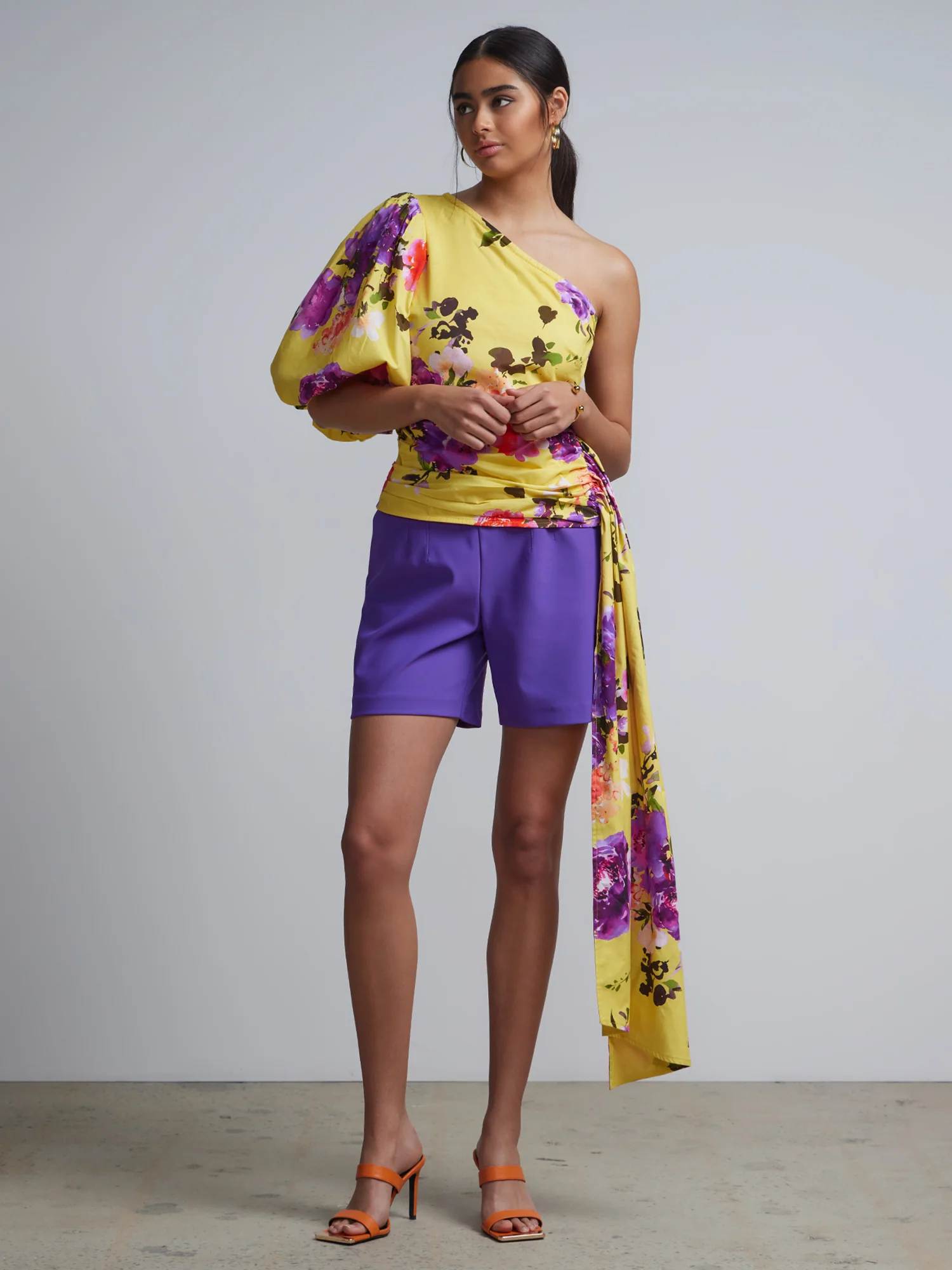 Floral-Print One-Shoulder Bow-Waist Top