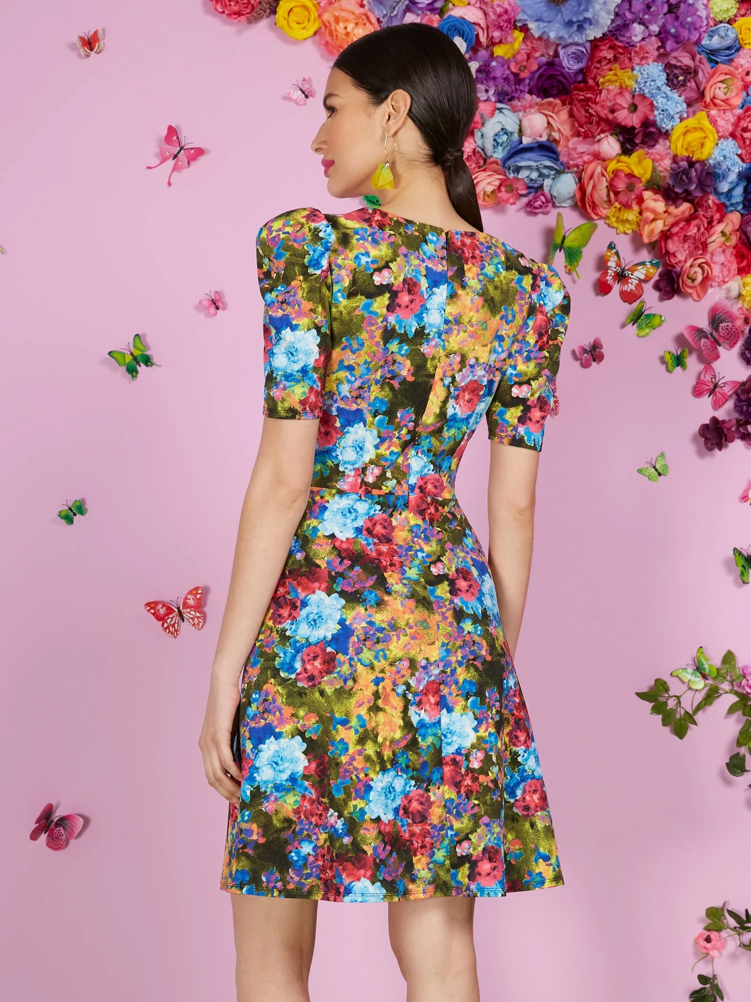 Floral-Print Puff-Sleeve Buckle Flare Dress - Magic Crepe® - Image 3