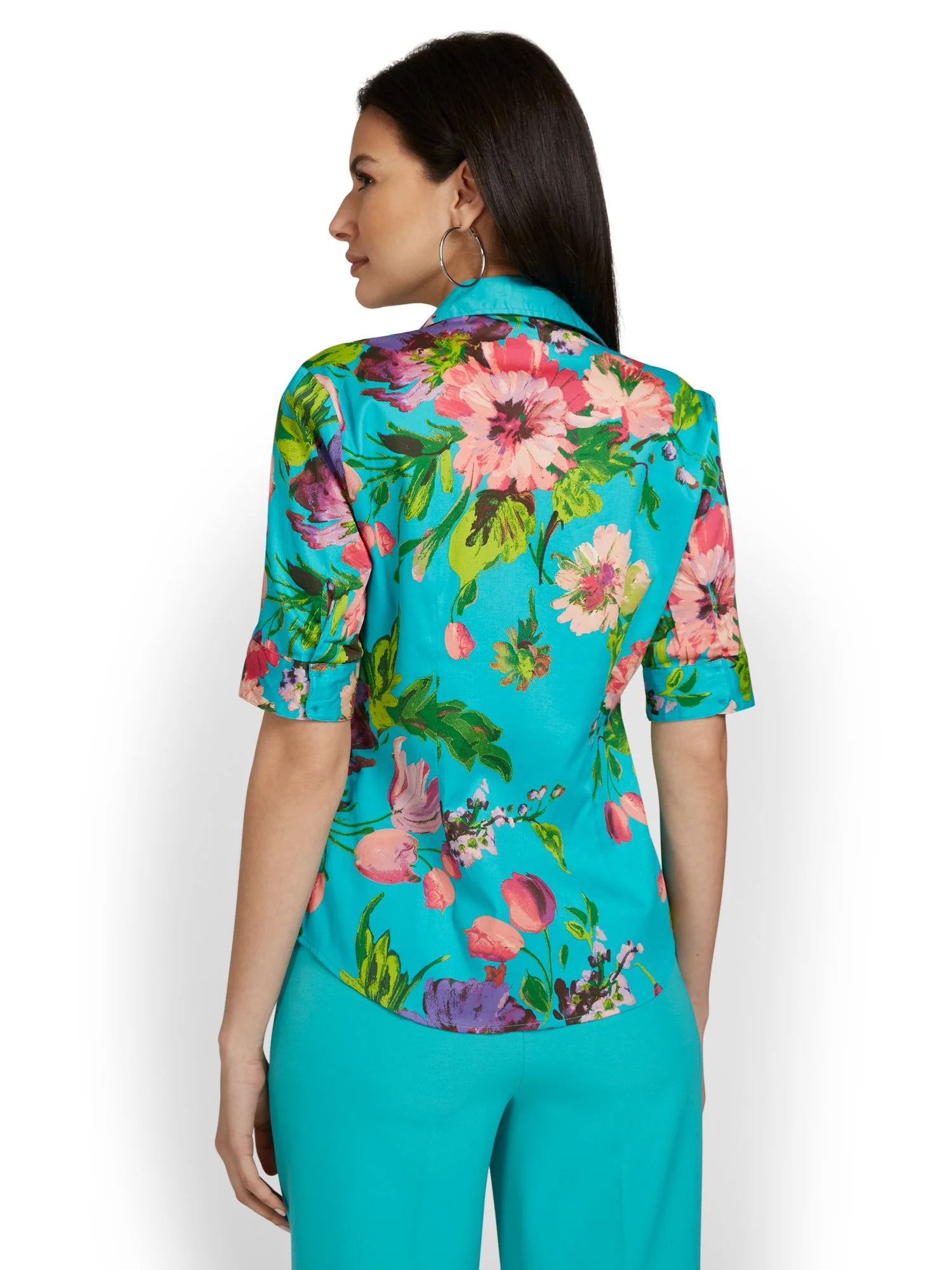 Floral-Print Short-Sleeve Ruched Button-Front Secret Snap - NY&C Madison Shirt® - Image 3