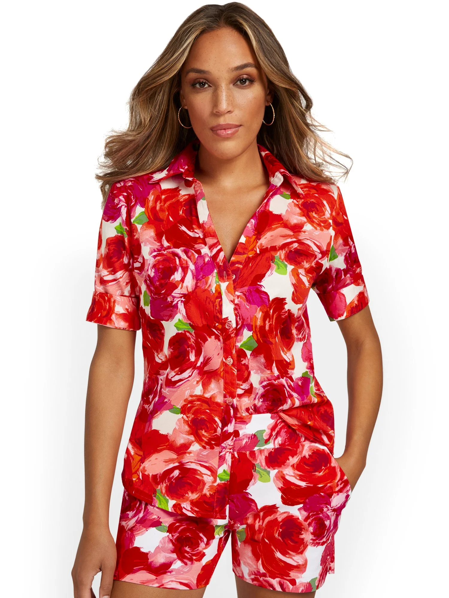 Floral-Print Short-Sleeve Ruched Button-Front Secret Snap - NY&C Madison Shirt® - Image 2