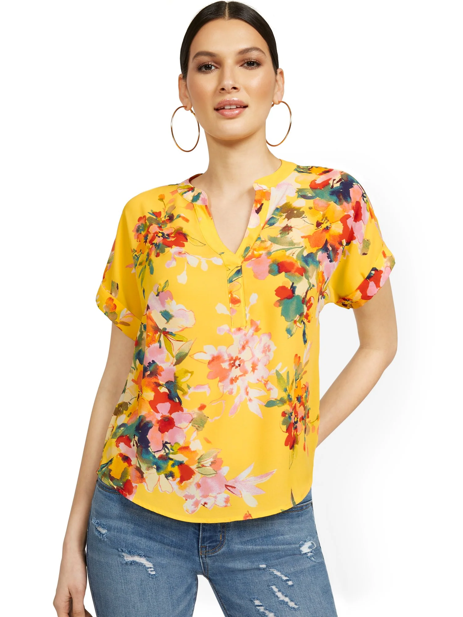 Floral-Print Short-Sleeved Split-Neck Pullover Top - Image 5