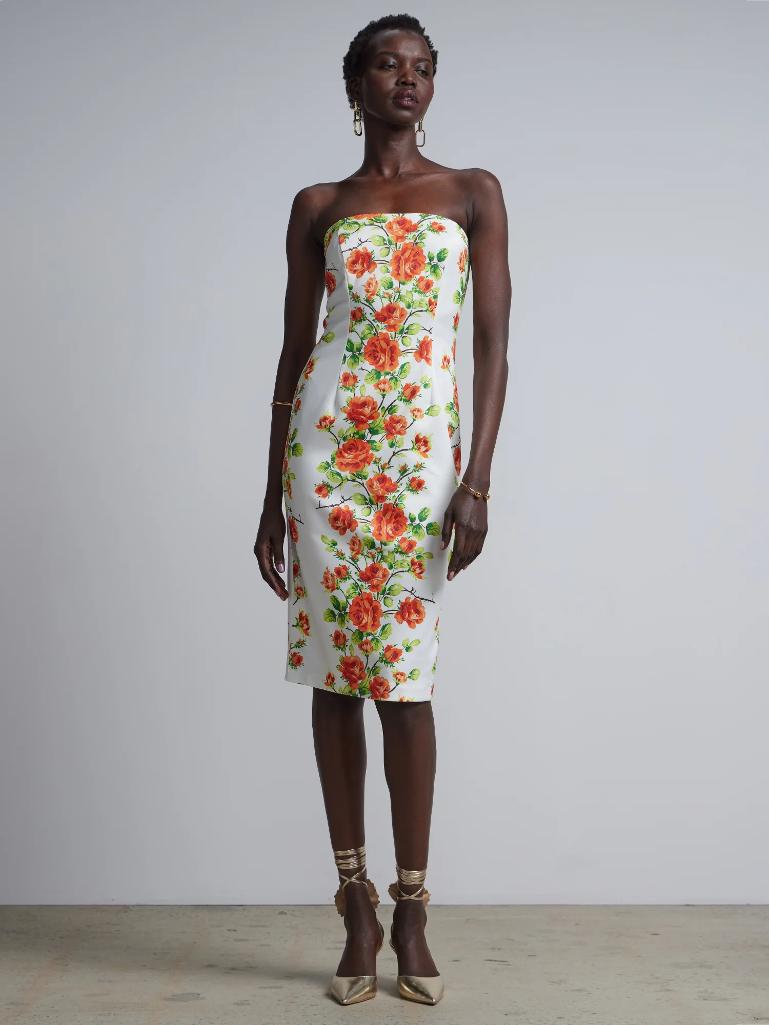 Floral-Print Strapless Sheath Dress