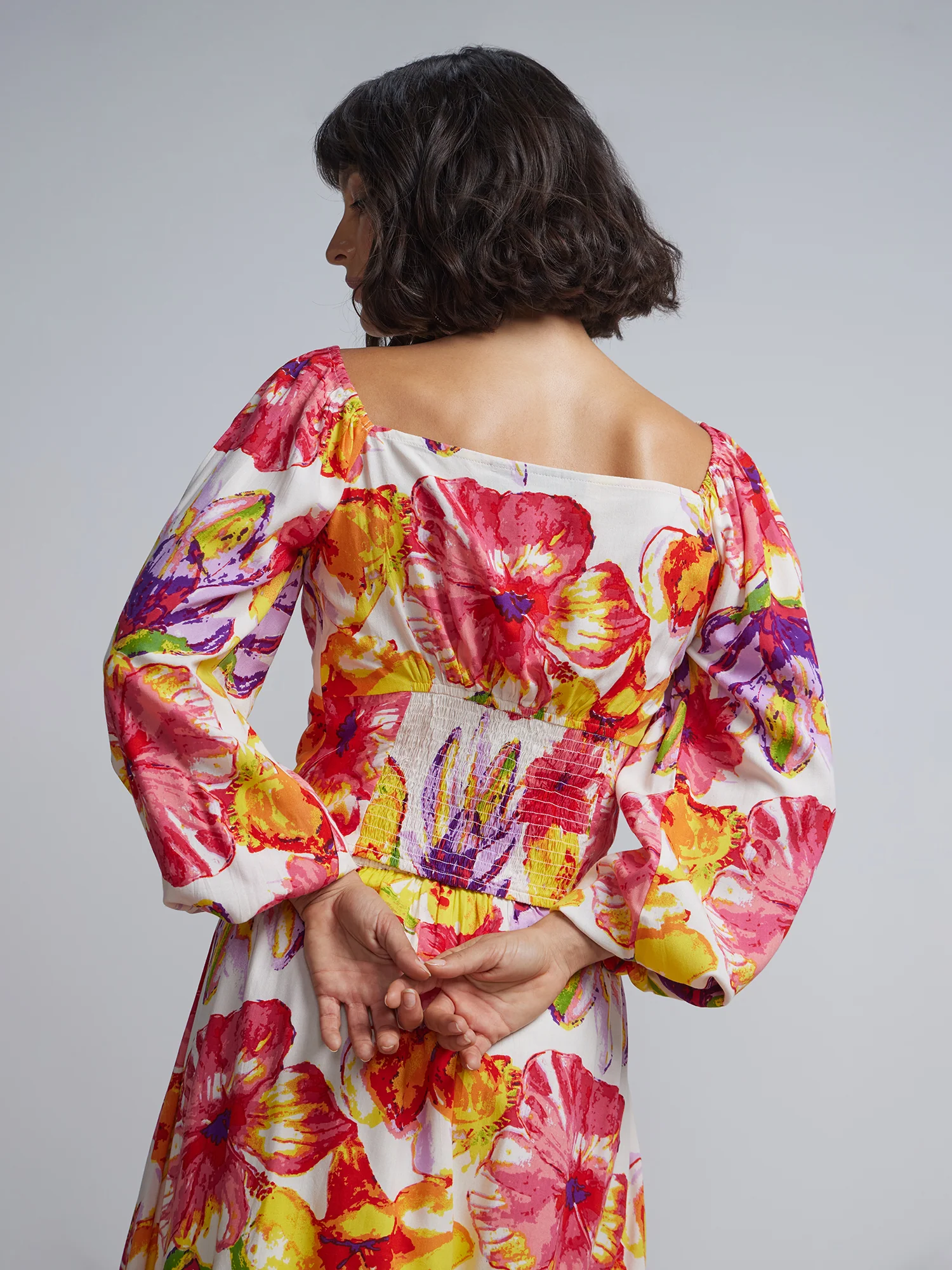 Floral-Print Tie-Front Balloon-Sleeve Top - Image 3