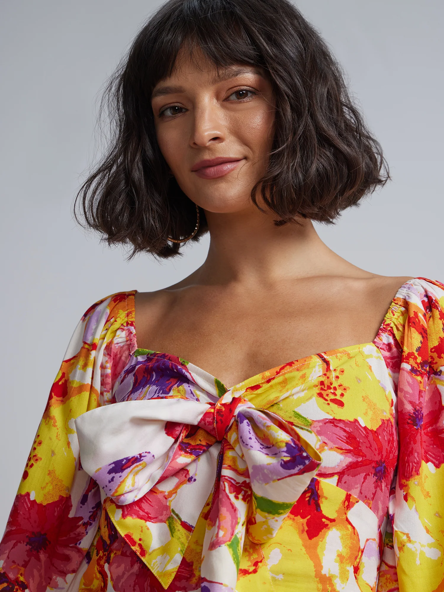 Floral-Print Tie-Front Balloon-Sleeve Top - Image 4
