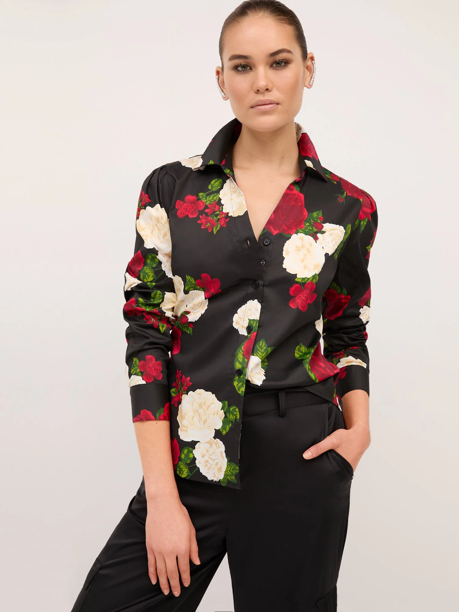 Floral Puff-Sleeve Button-Front Secret Snap - NY&C Madison Shirt® - Image 2