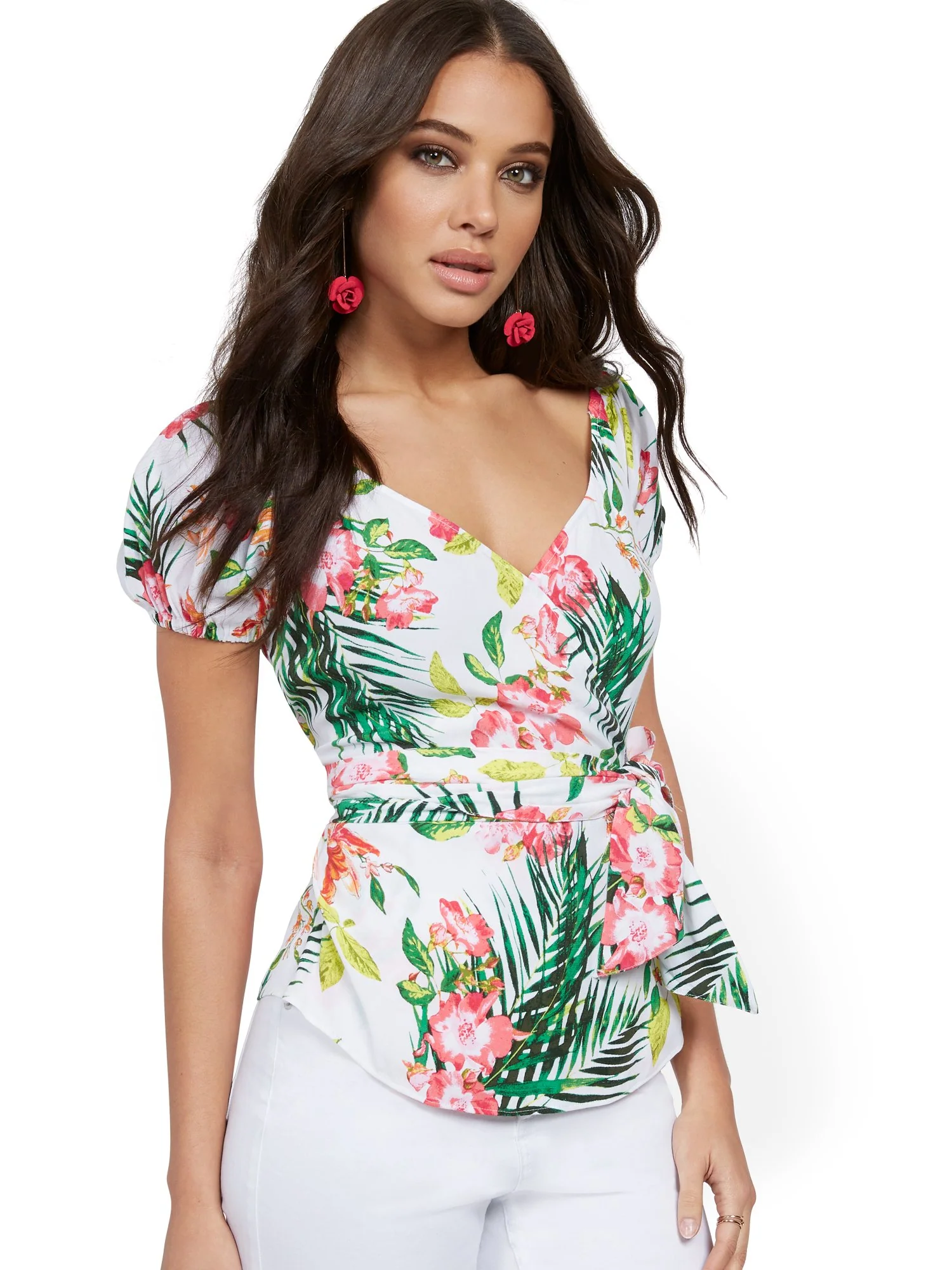 Floral Puff-Sleeve Wrap Blouse - Image 5