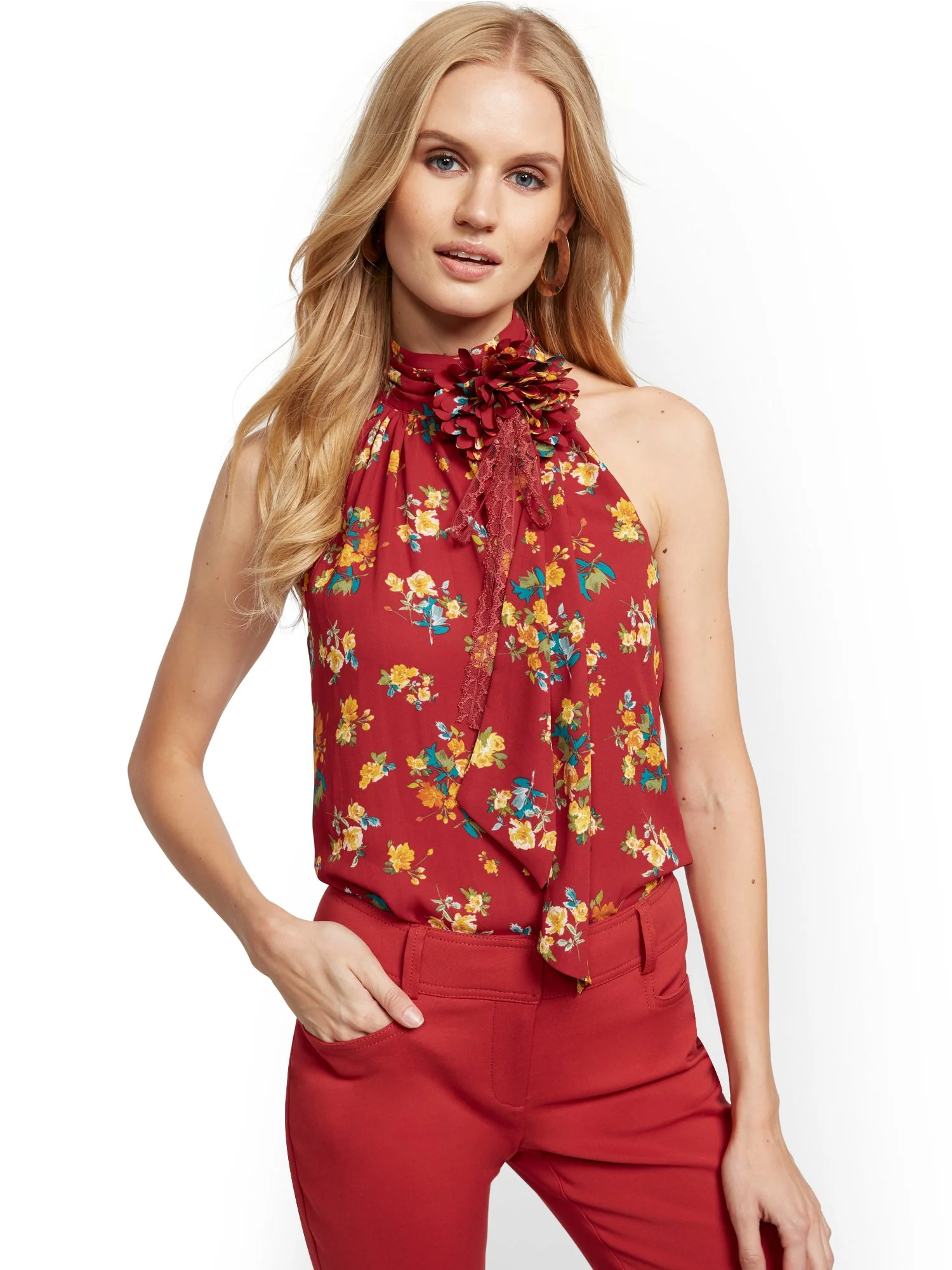 Flower-Pin Halter Blouse - Image 2