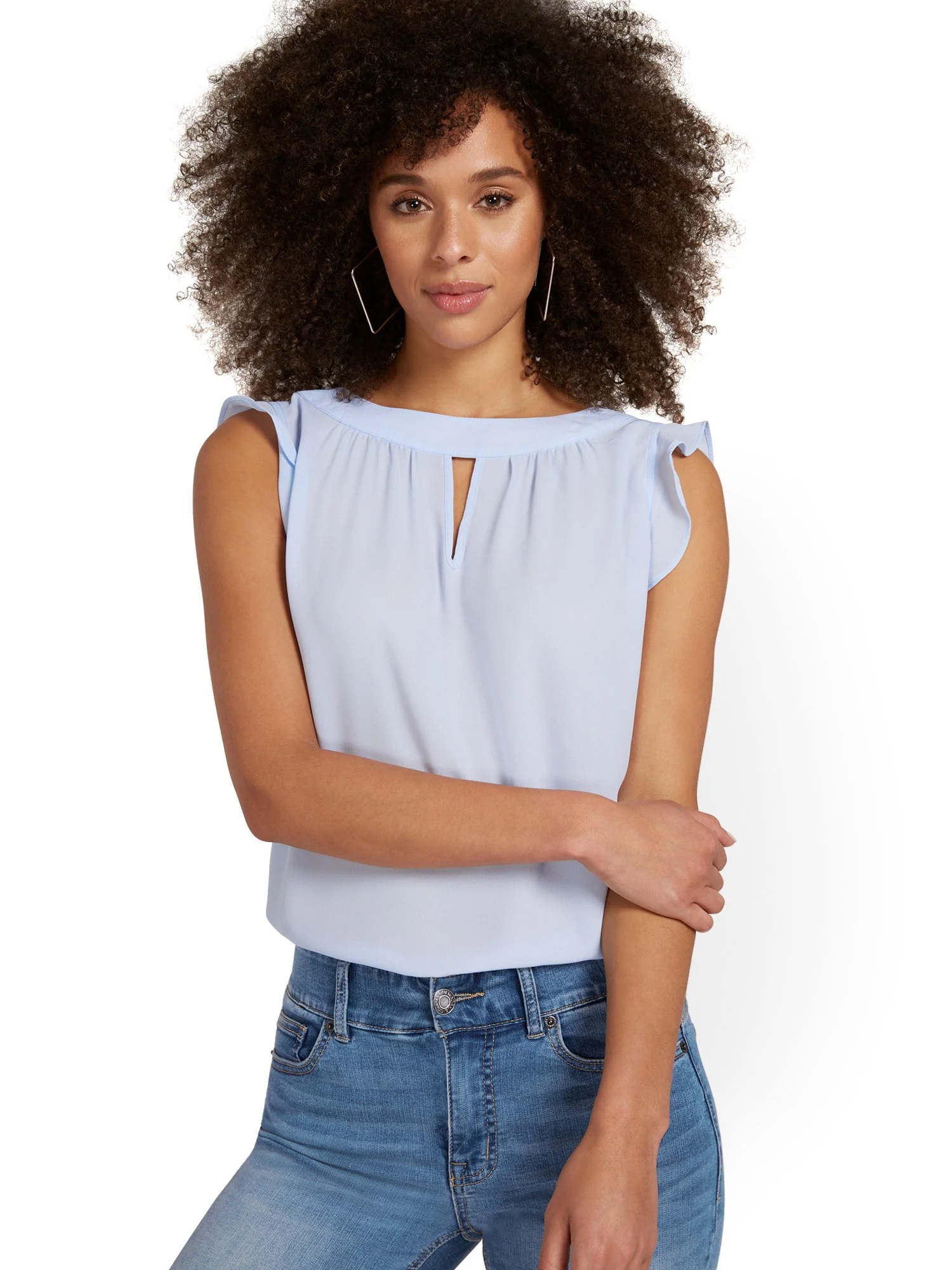 Flutter-Sleeve Keyhole Bow Blouse - Image 37