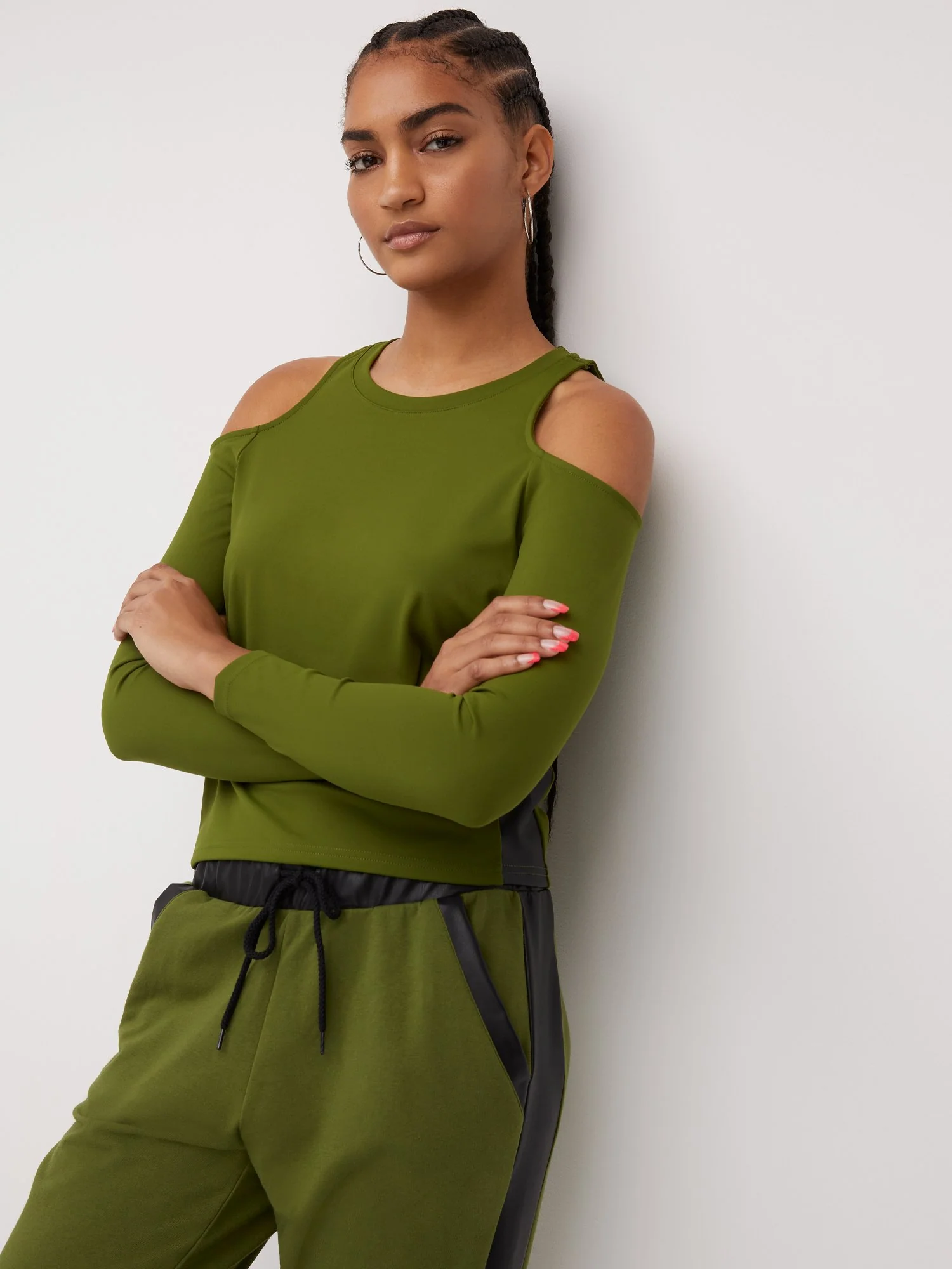 French Terry Faux-Leather Panel Cold-Shoulder Top - Image 5