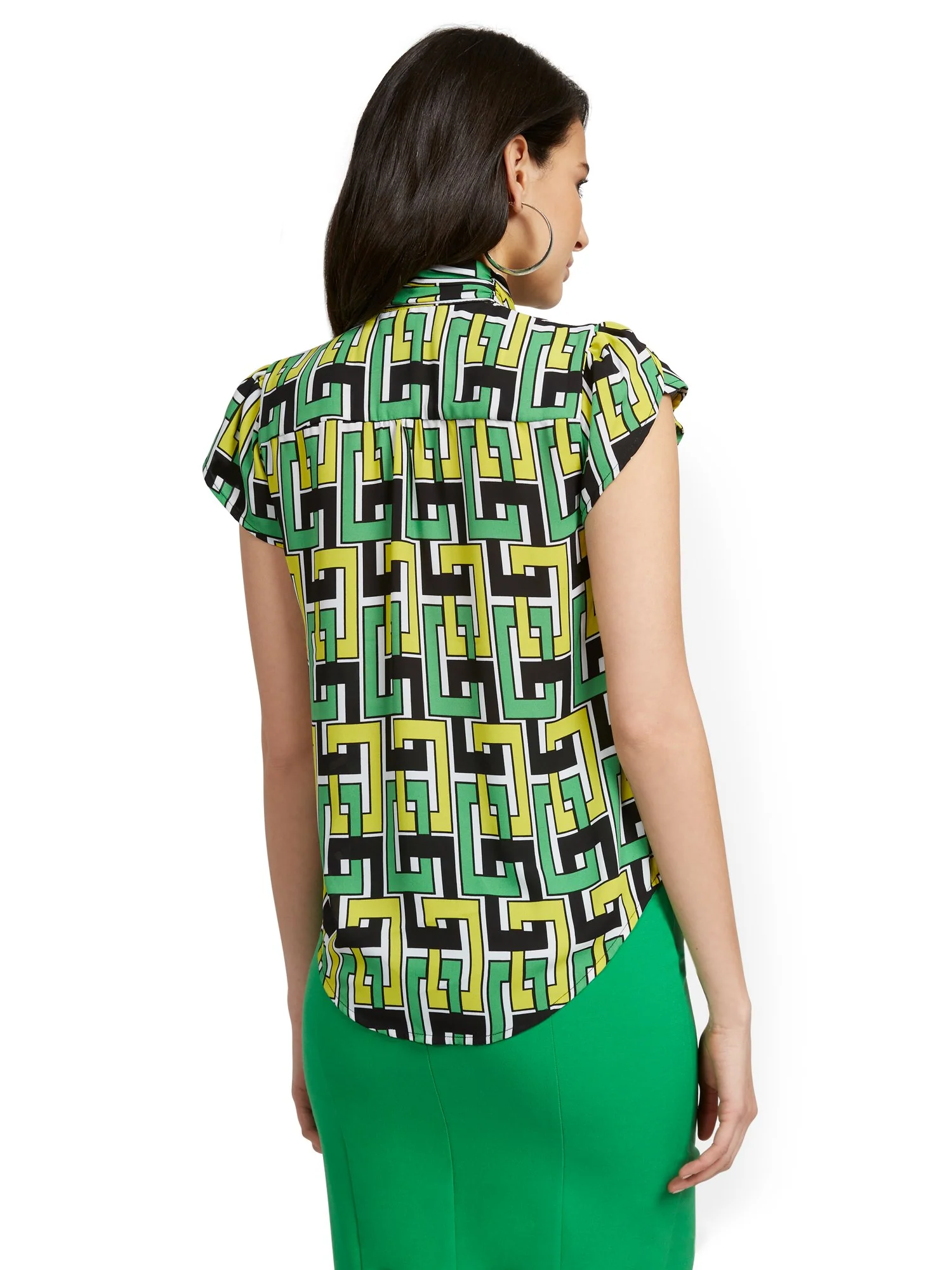 Geo-Print Flutter-Sleeve Bow-Collar Blouse - Image 3