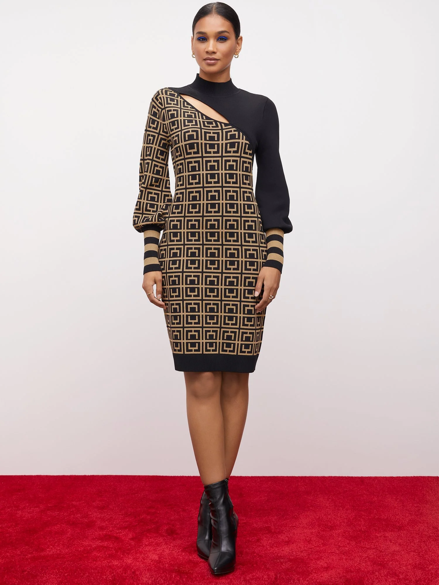 Geometric-Print Cut-Out Sheath Sweater Dress